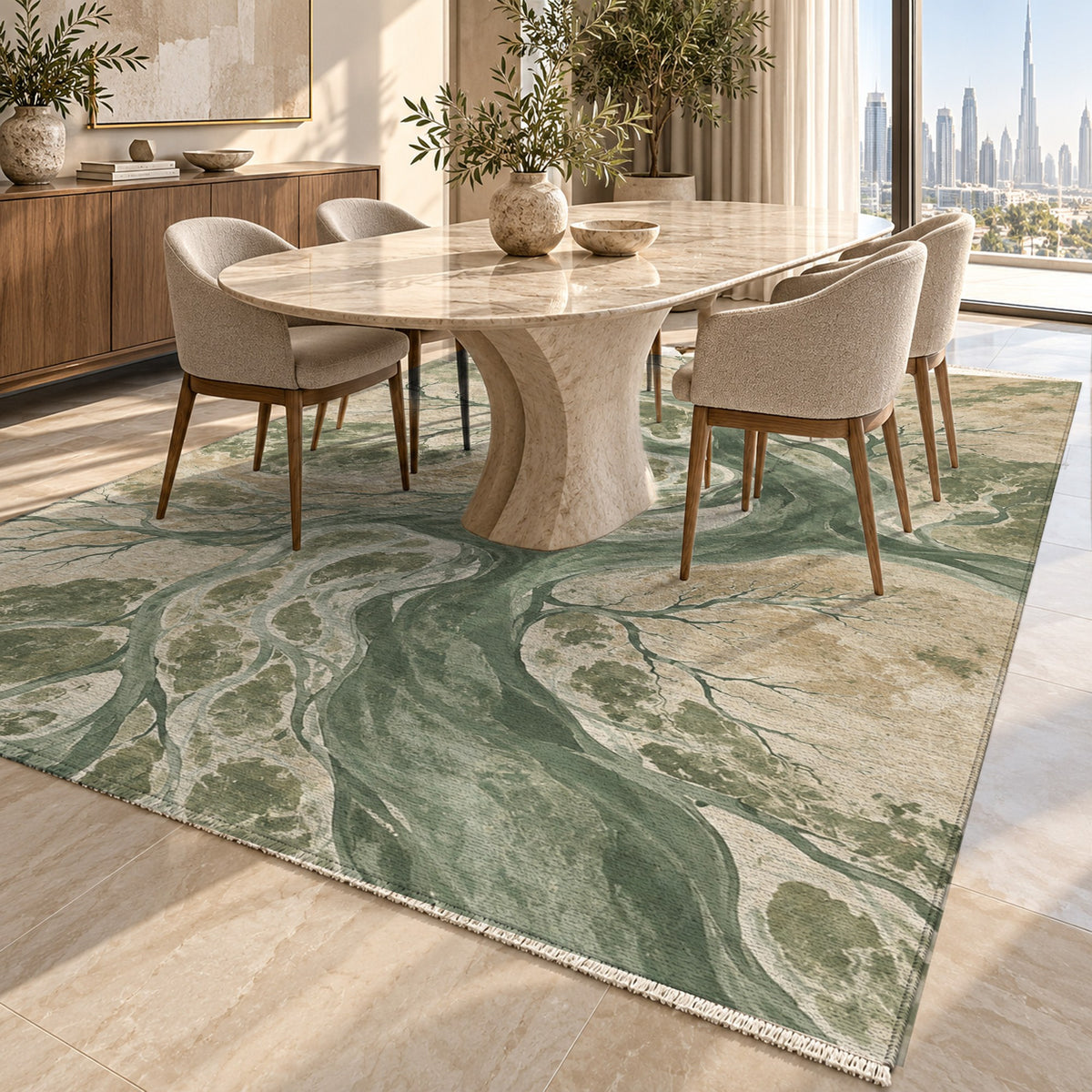 Floodplain Veins Sage Abstract Washable Rug — dubai dining