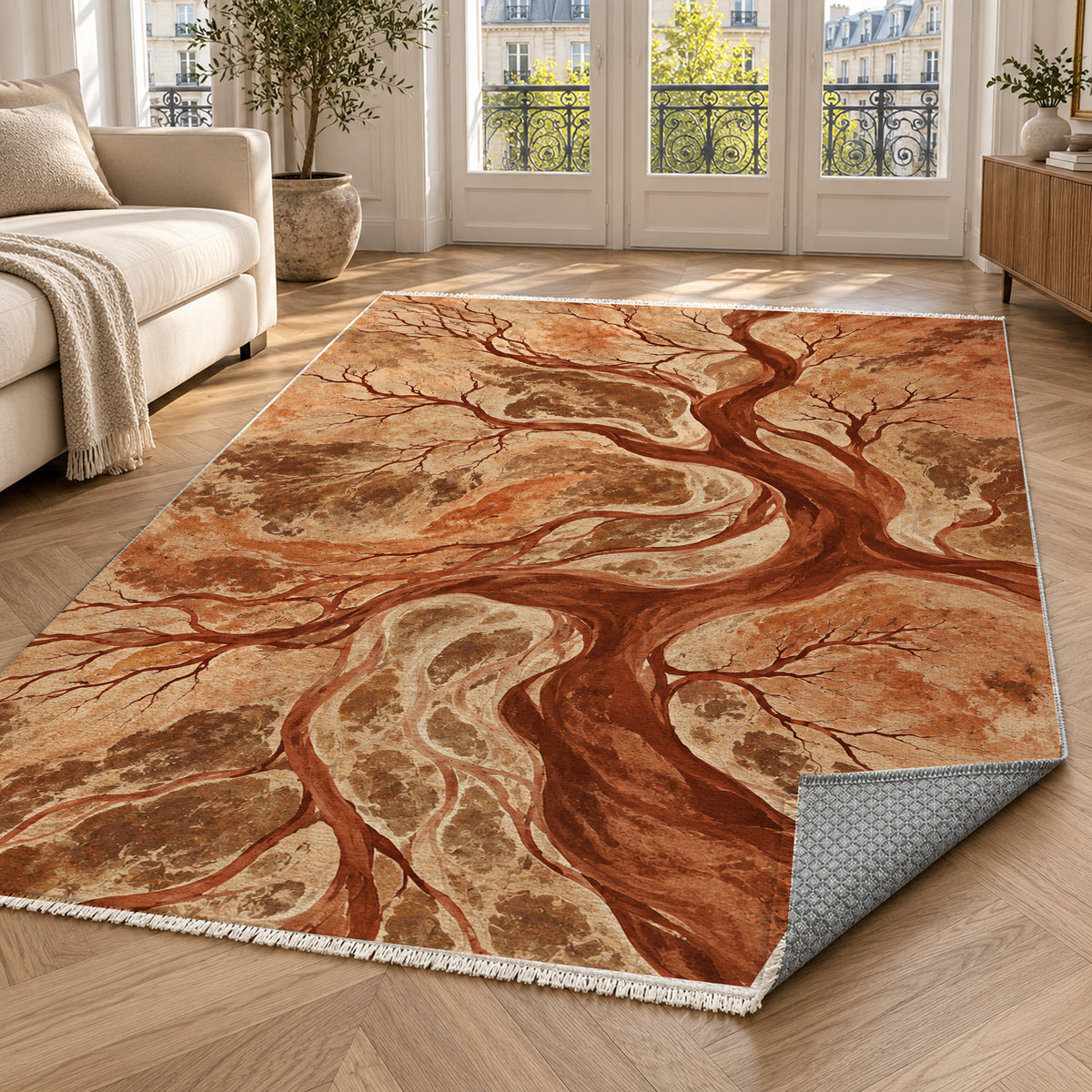 Floodplain Veins Terracotta Abstract Washable Rug — paris living