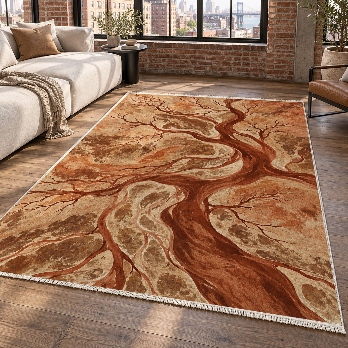 Floodplain Veins Terracotta Abstract Washable Rug — new york living