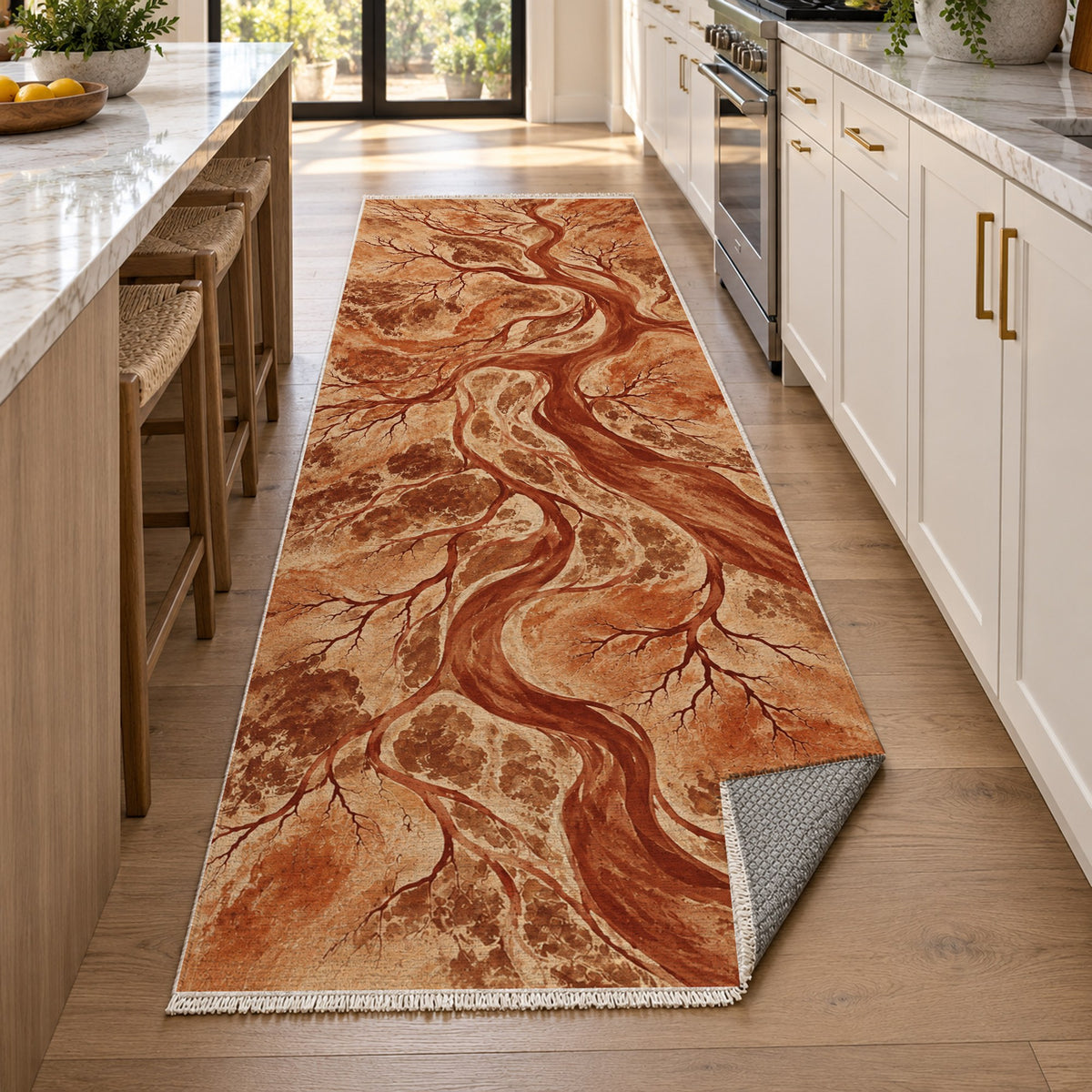 Floodplain Veins Terracotta Abstract Washable Rug — new york kitchen runner