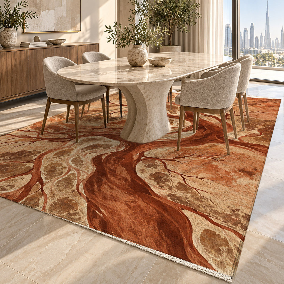 Floodplain Veins Terracotta Abstract Washable Rug — dubai dining