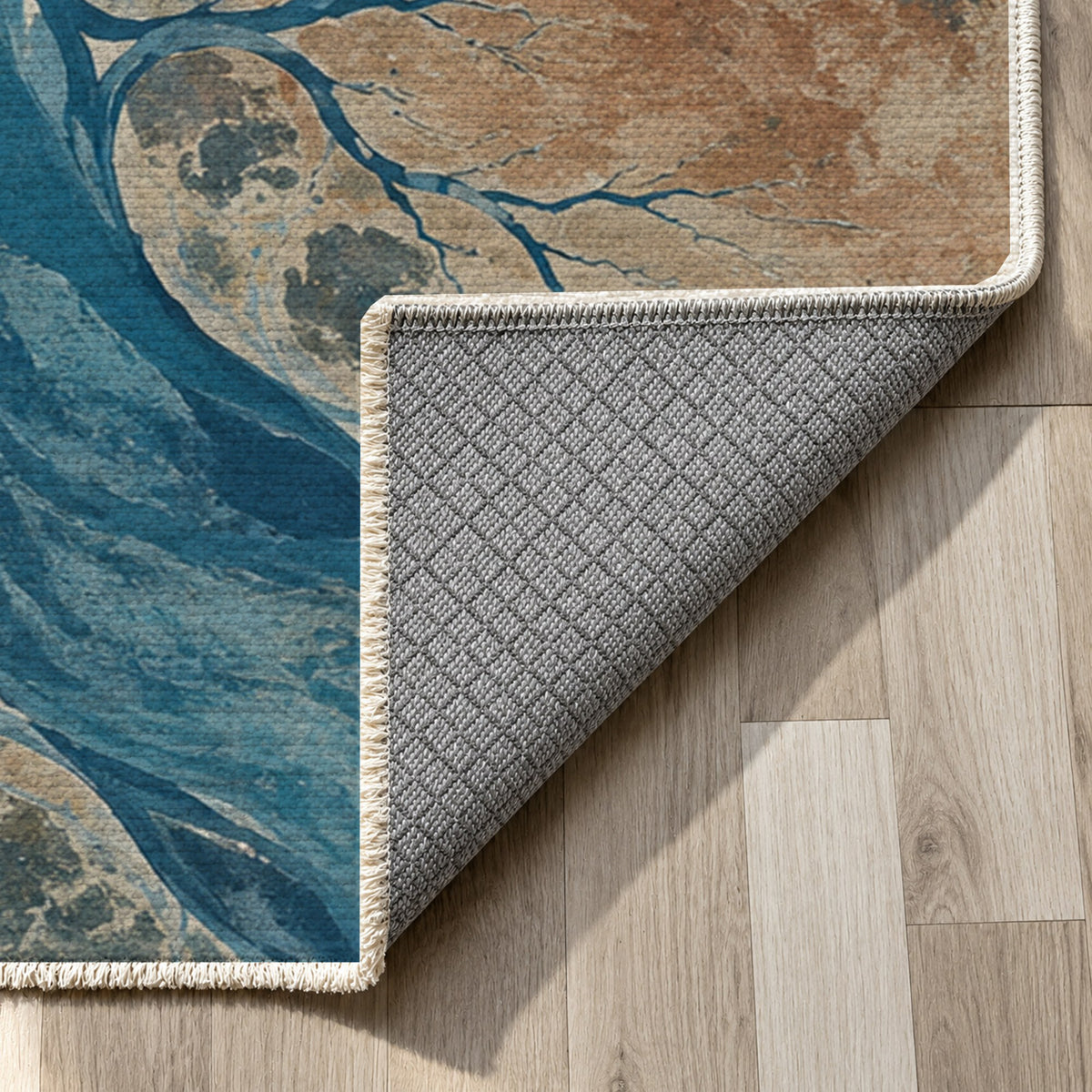Floodplain Veins Abstract Washable Rug — backing close up