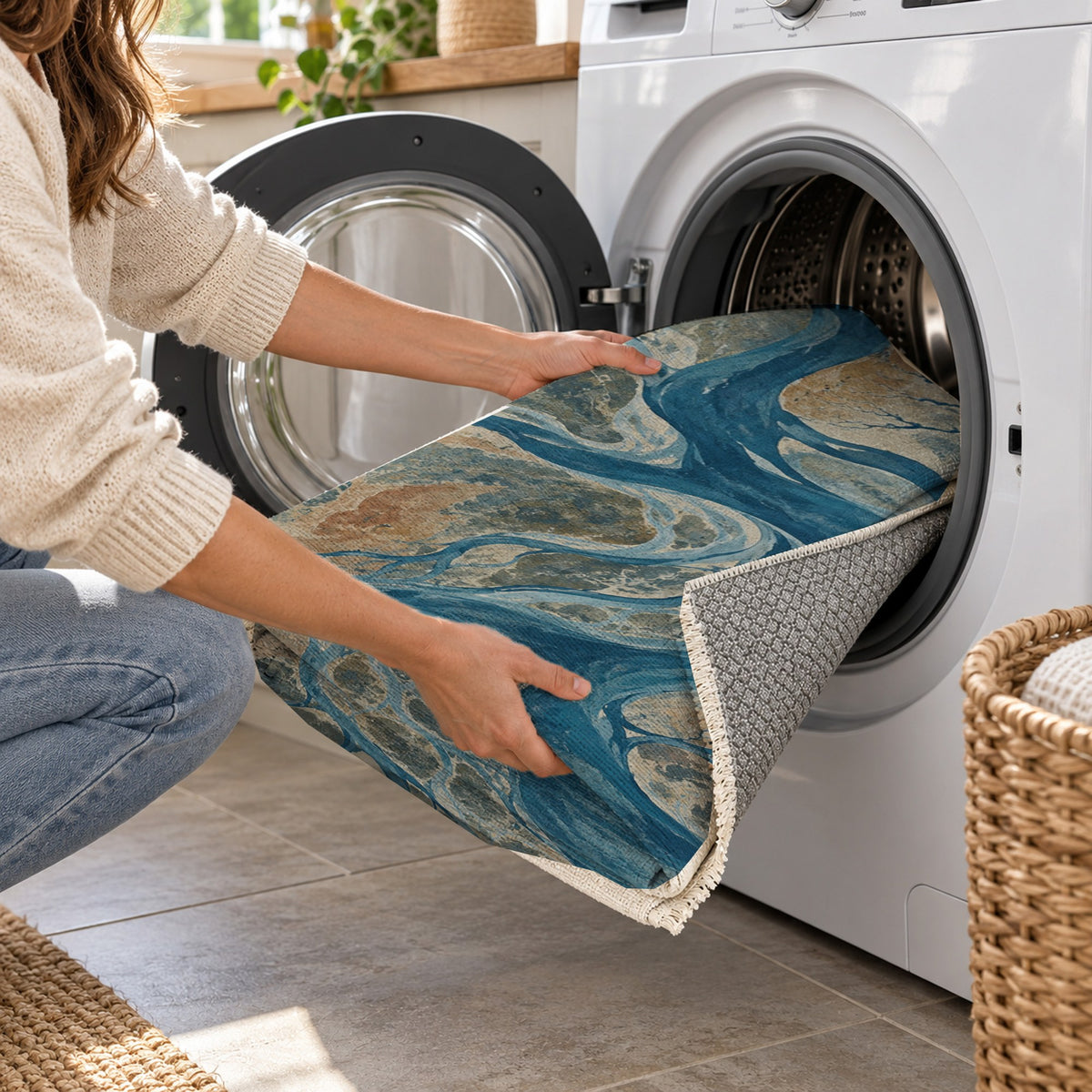 Floodplain Veins Abstract Washable Rug — washing machine