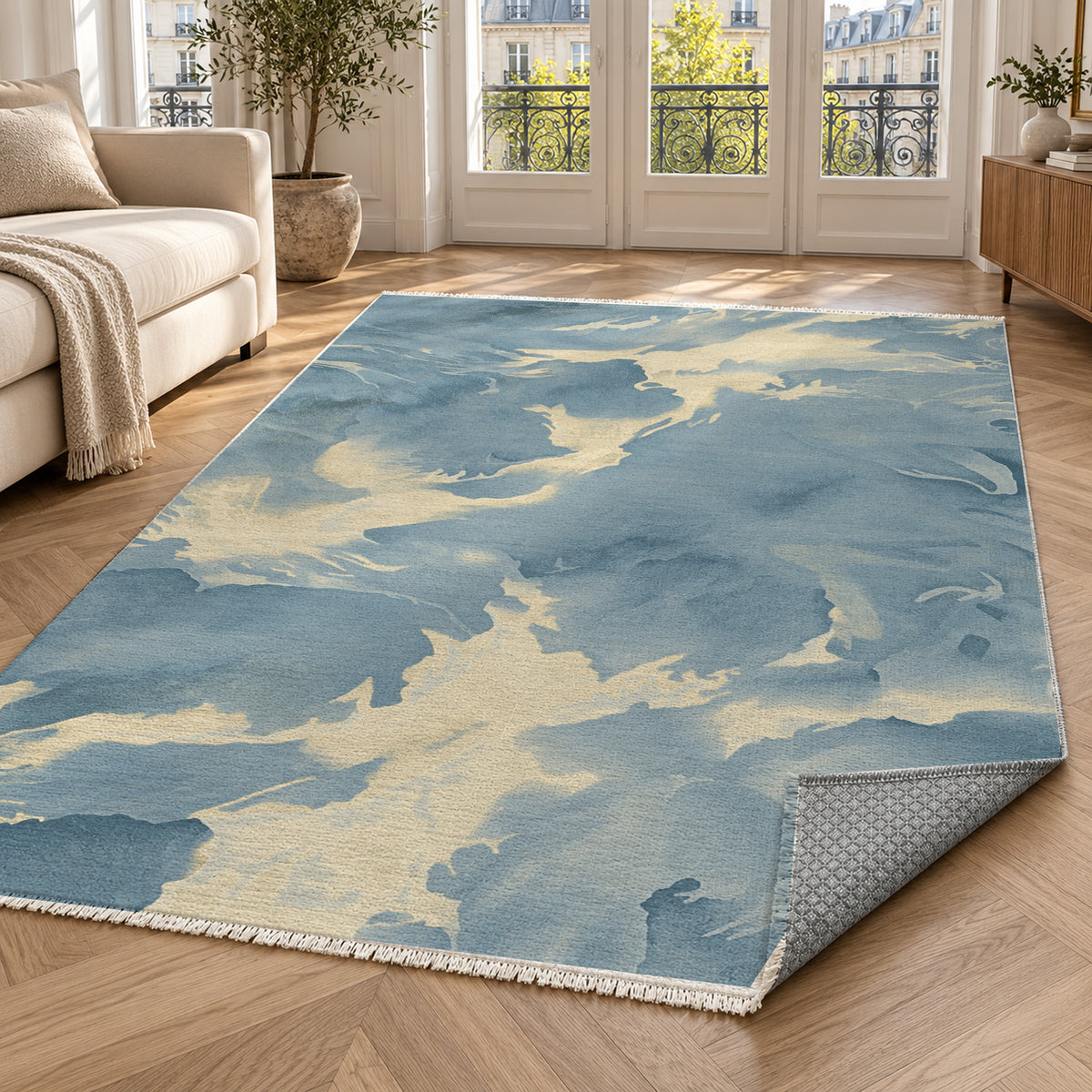 Flowing Mineral Azure Champagne Abstract Washable Rug — paris living