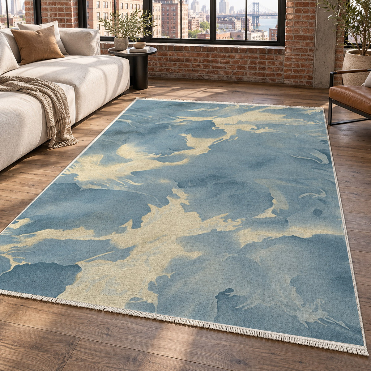 Flowing Mineral Azure Champagne Abstract Washable Rug — new york living