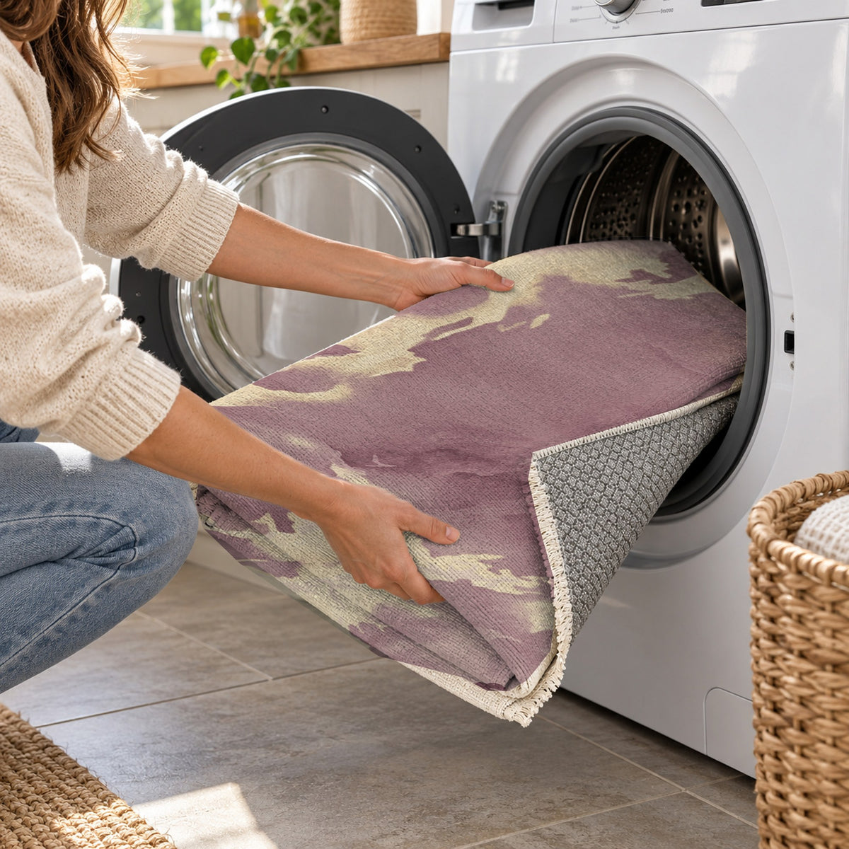 Flowing Mineral Burgundy Ivory Abstract Washable Rug — washing machine