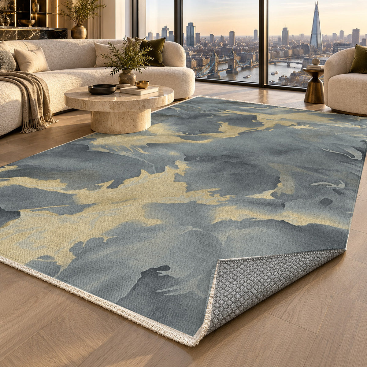 Flowing Mineral Charcoal Brass Abstract Washable Rug — london luxury living