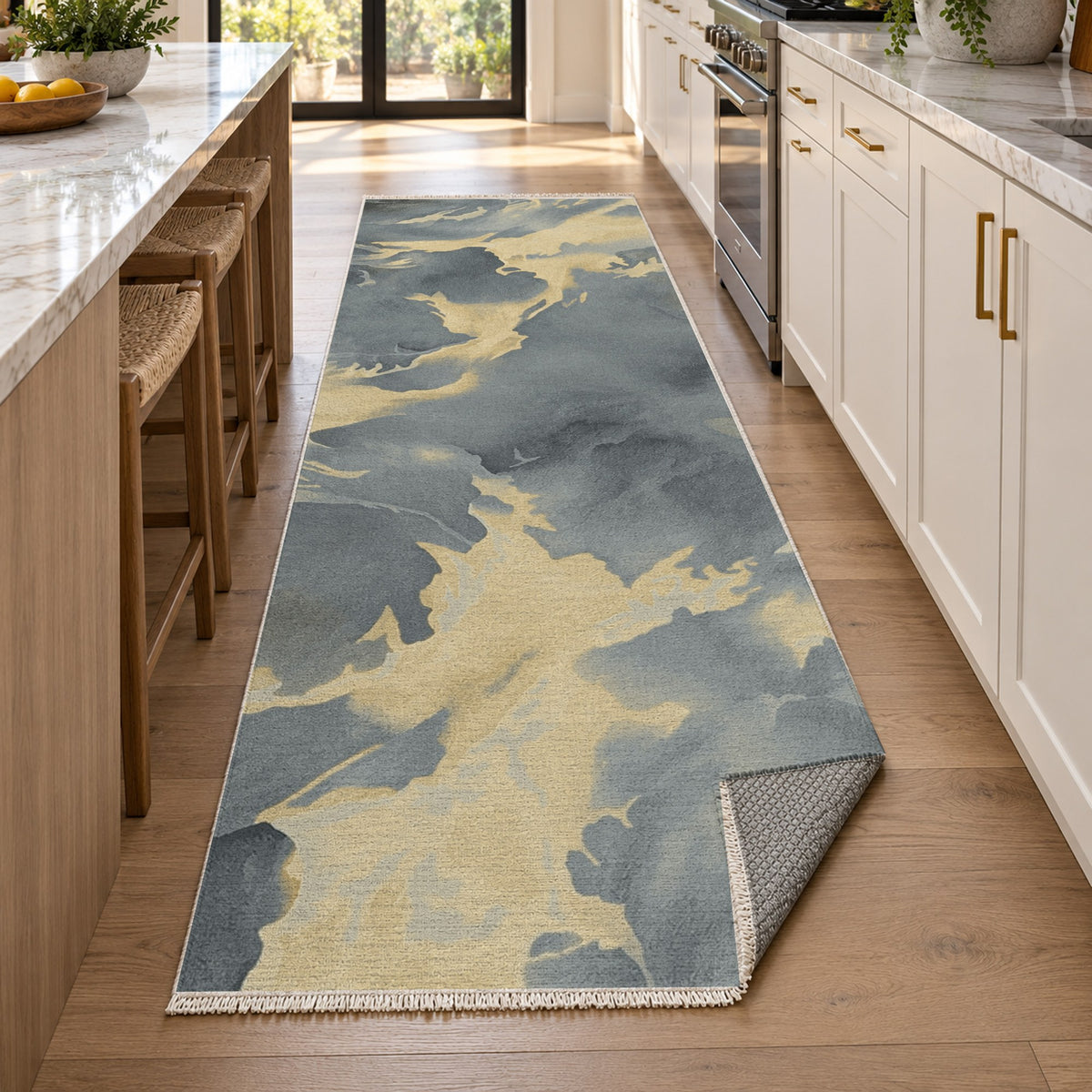 Flowing Mineral Charcoal Brass Abstract Washable Rug — new york kitchen runner