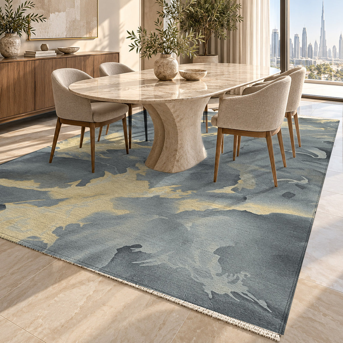 Flowing Mineral Charcoal Brass Abstract Washable Rug — dubai dining