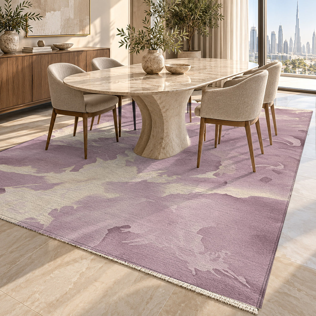 Flowing Mineral Dusty Rose Abstract Washable Rug — dubai dining