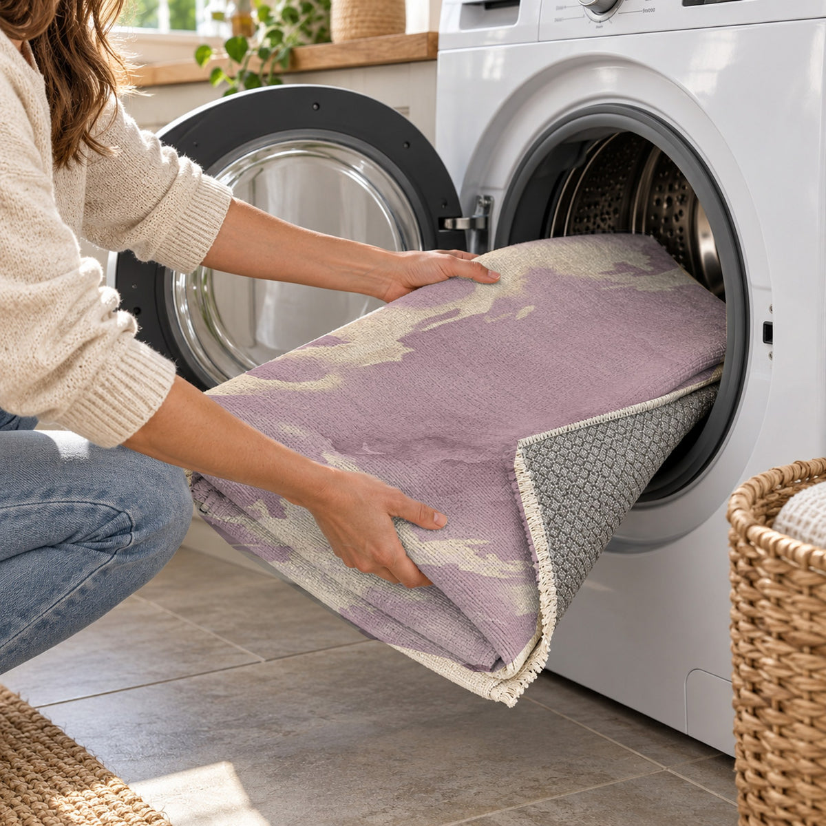 Flowing Mineral Dusty Rose Abstract Washable Rug — washing machine