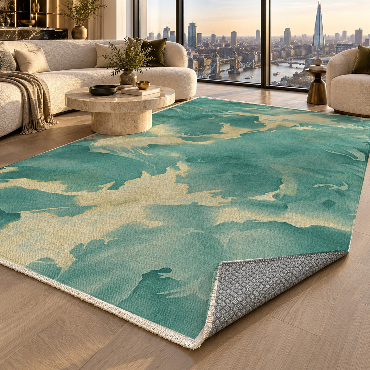 Flowing Mineral Emerald Gold Abstract Washable Rug — london luxury living