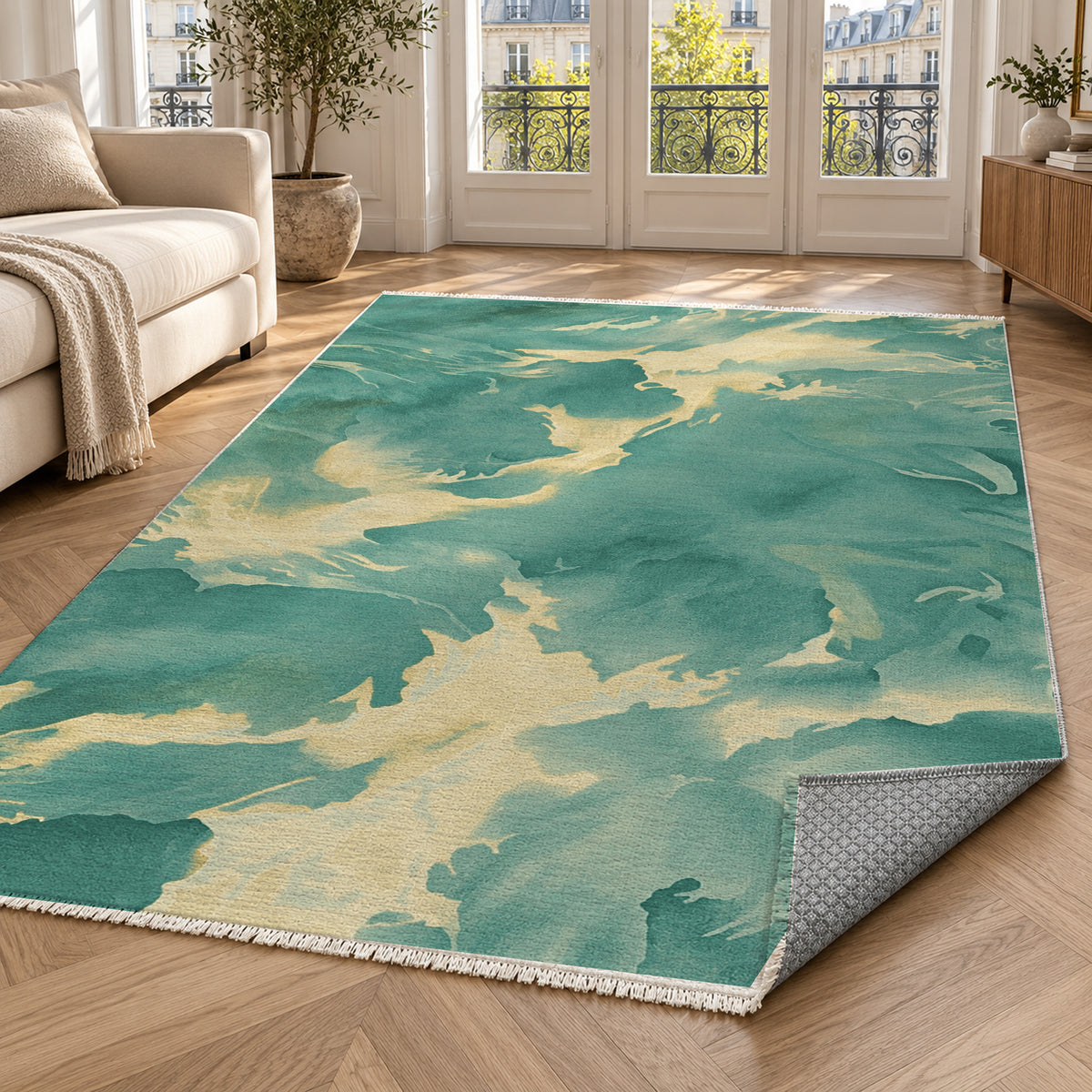 Flowing Mineral Emerald Gold Abstract Washable Rug — paris living
