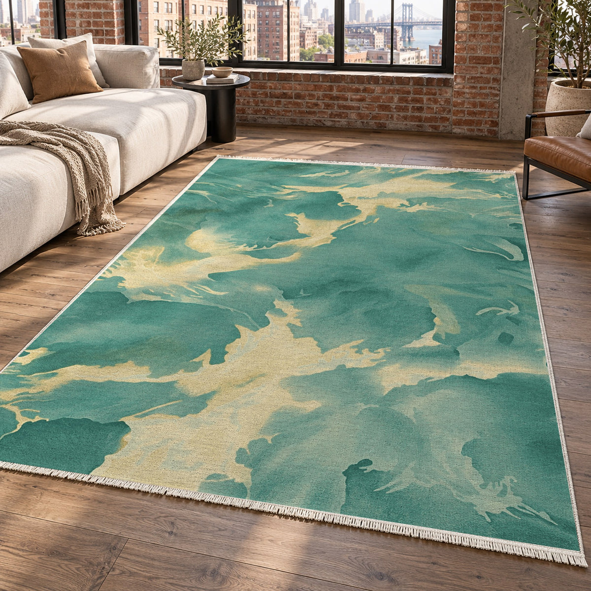 Flowing Mineral Emerald Gold Abstract Washable Rug — new york living