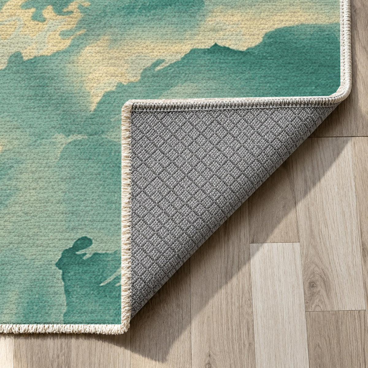 Flowing Mineral Emerald Gold Abstract Washable Rug — backing close up