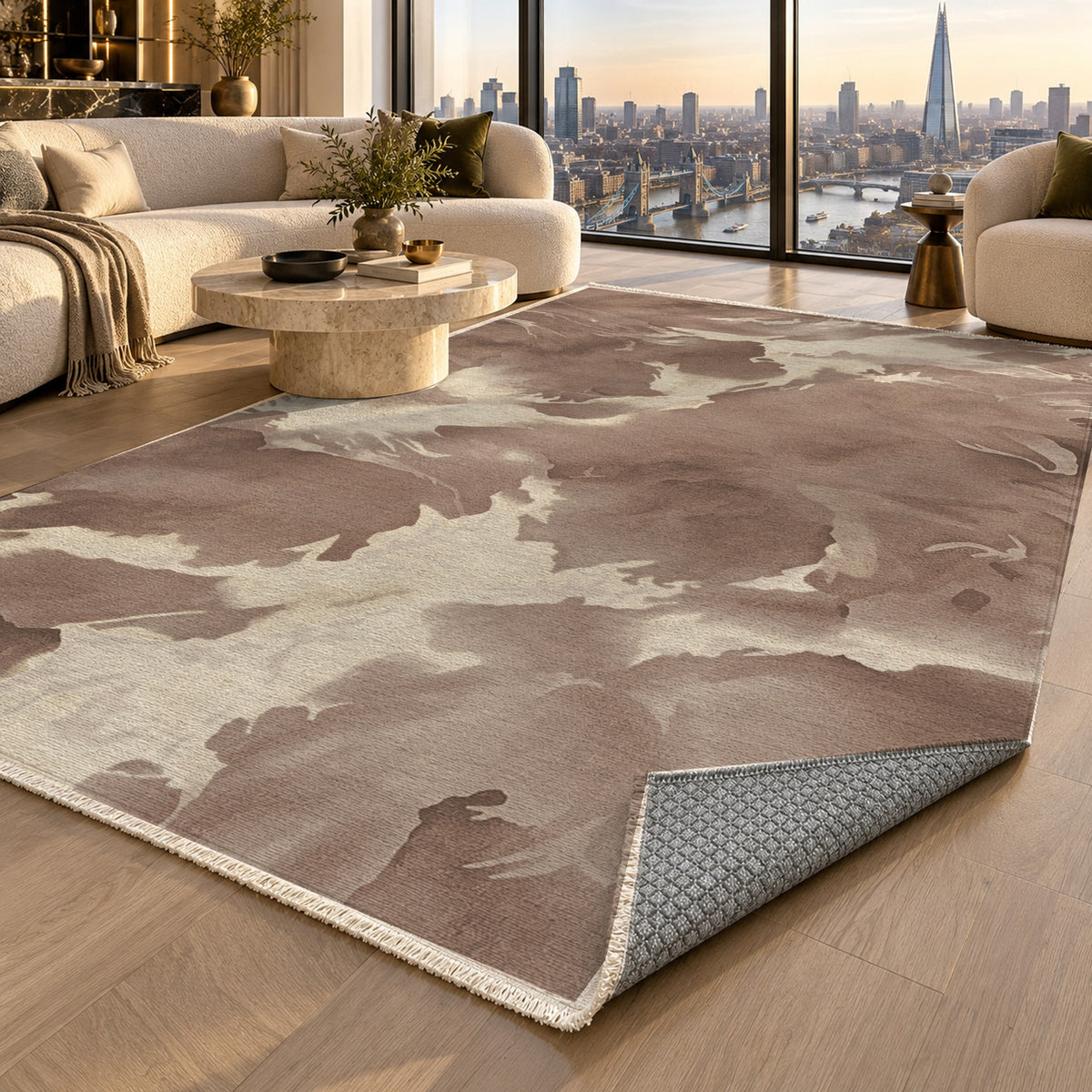 Flowing Mineral Mocha Cream Abstract Washable Rug — london luxury living