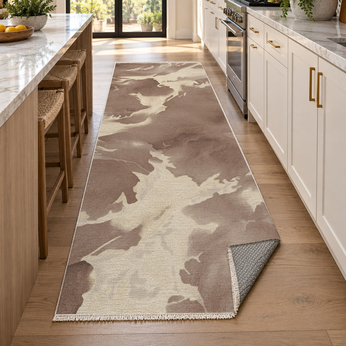 Flowing Mineral Mocha Cream Abstract Washable Rug — new york kitchen runner