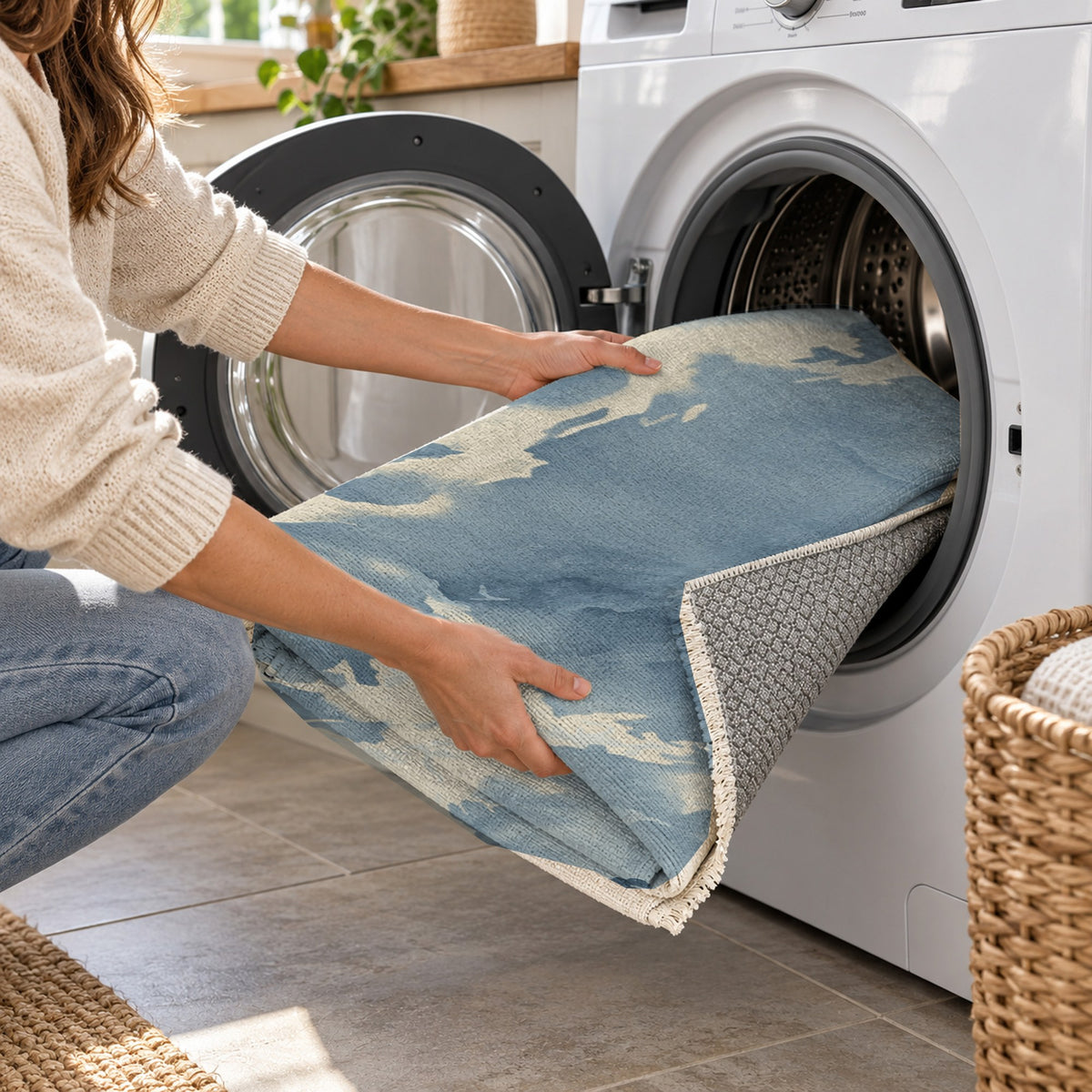 Flowing Mineral Navy Pearl Abstract Washable Rug — washing machine
