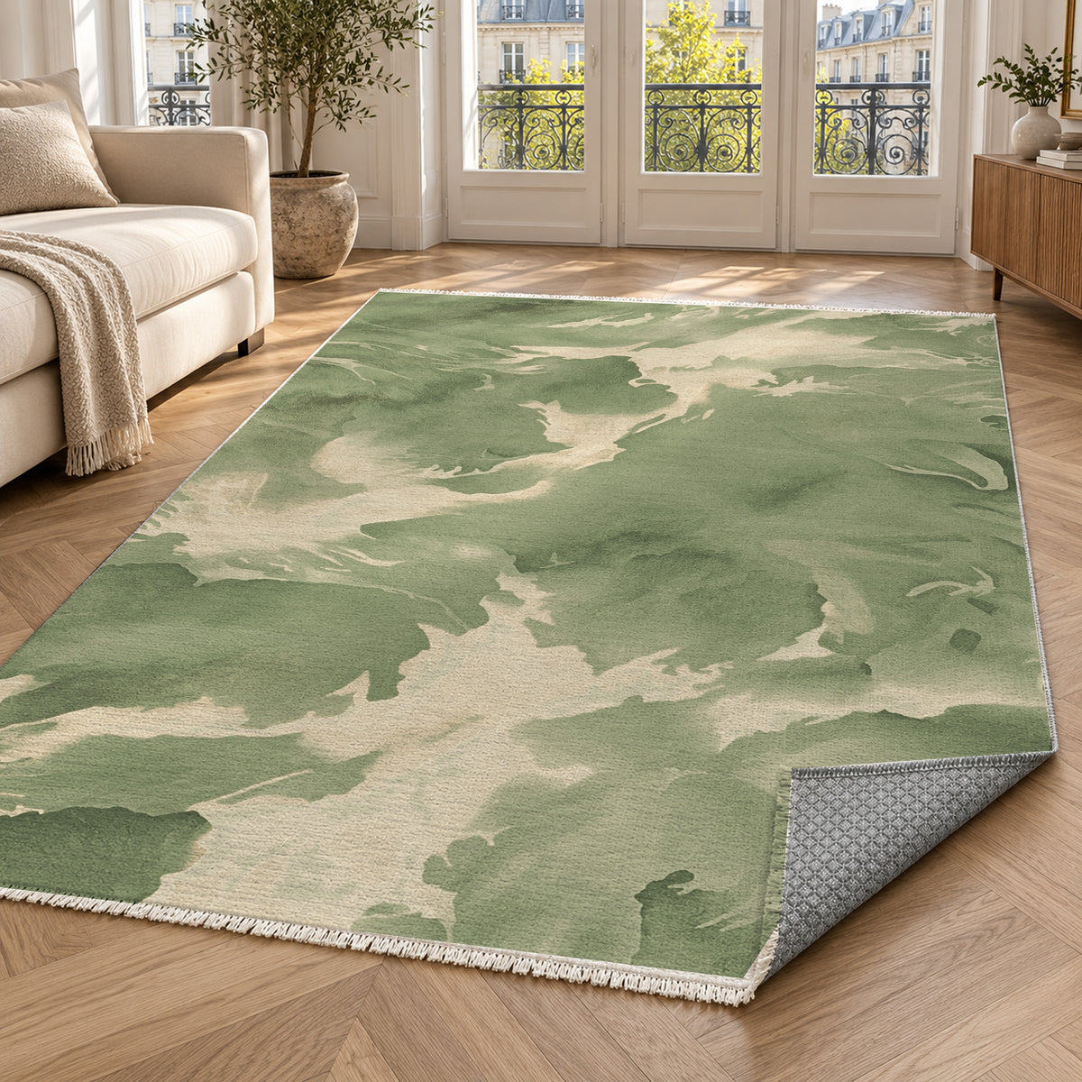 Flowing Mineral Olive Sand Abstract Washable Rug — paris living