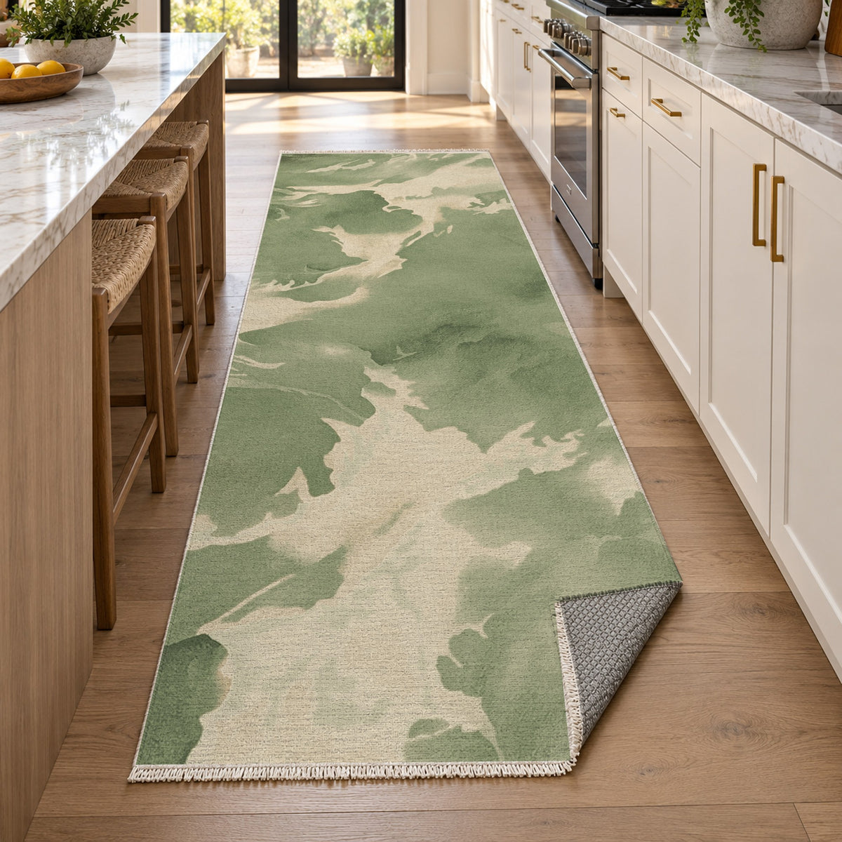 Flowing Mineral Olive Sand Abstract Washable Rug — new york kitchen runner