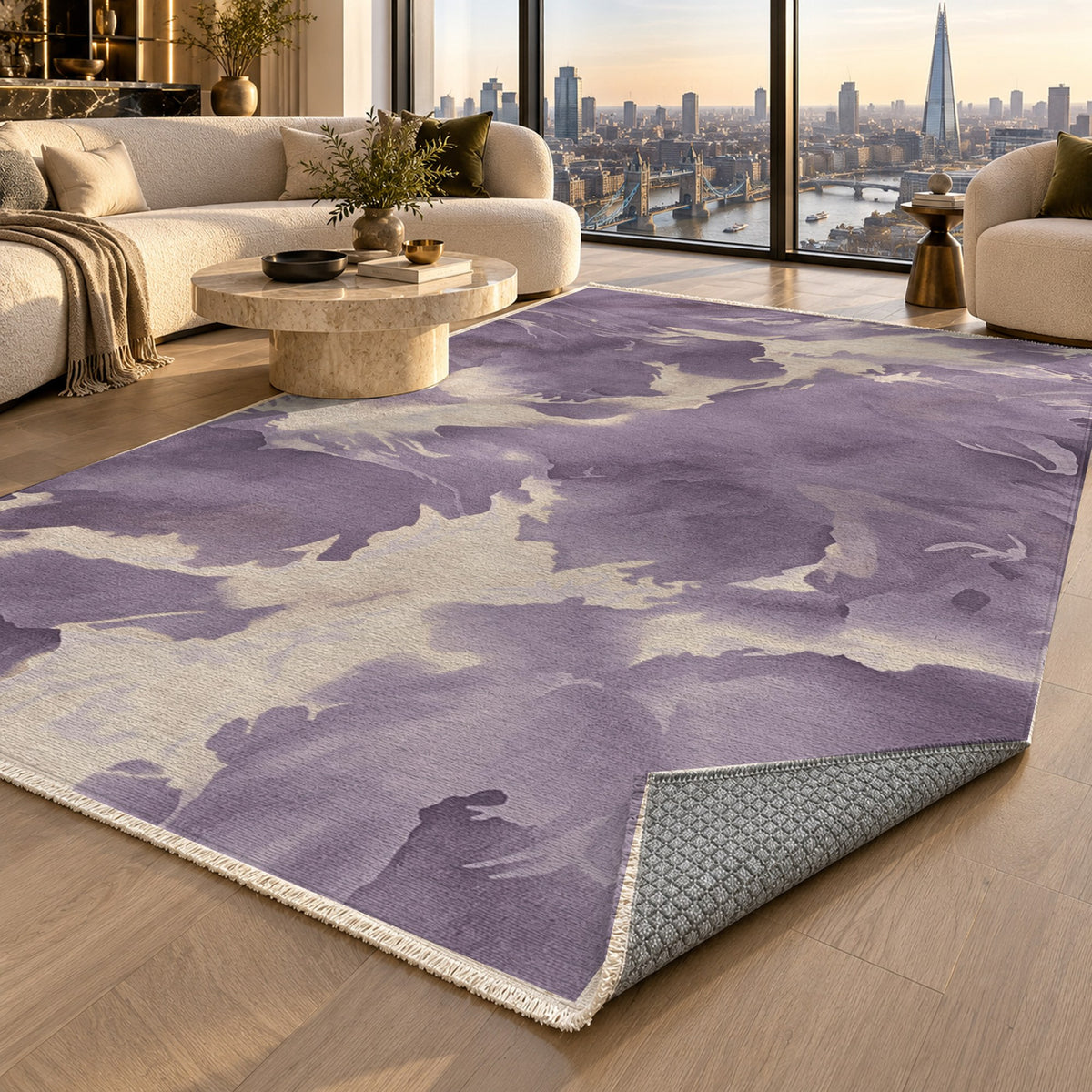 Flowing Mineral Plum Champagne Abstract Washable Rug — london luxury living