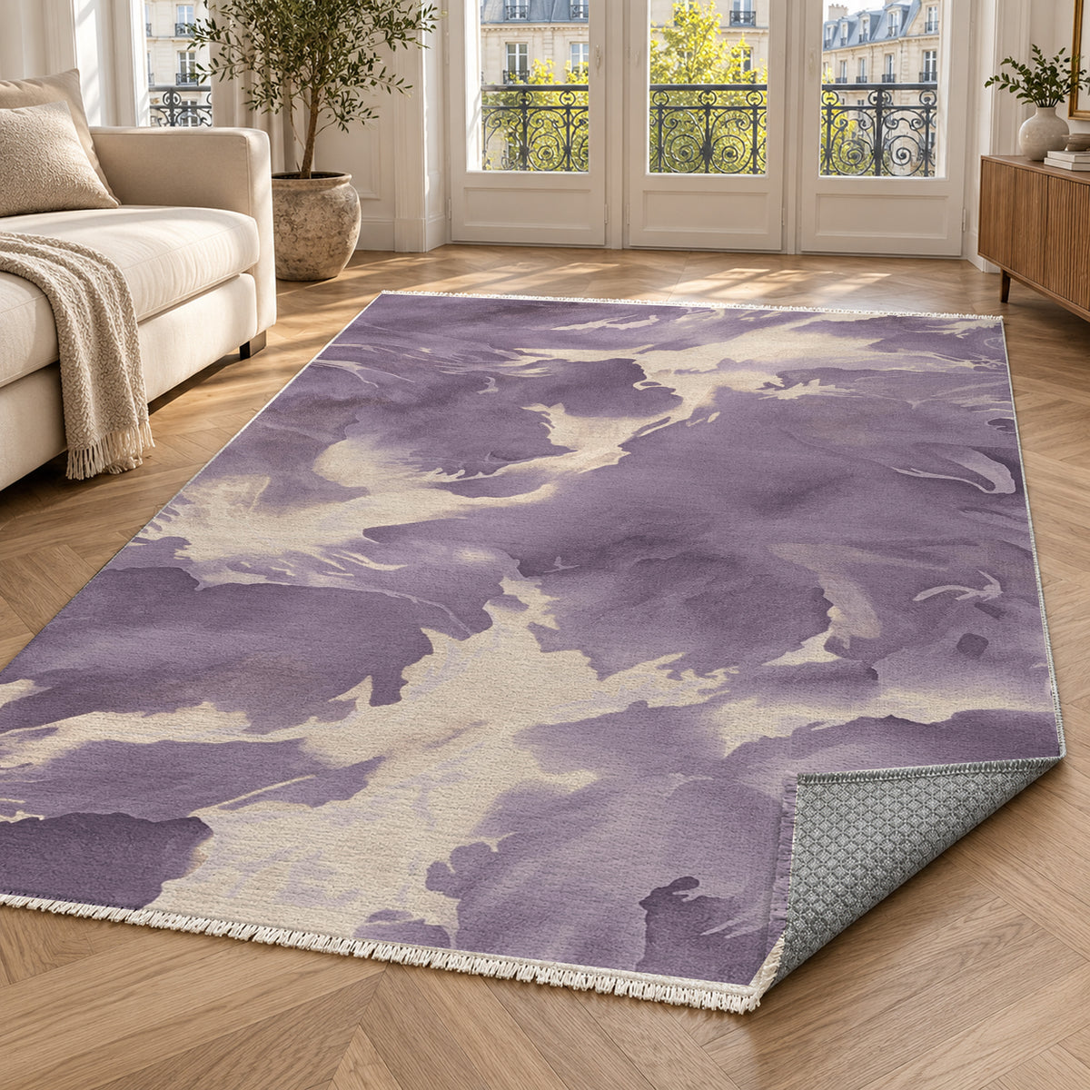 Flowing Mineral Plum Champagne Abstract Washable Rug — paris living