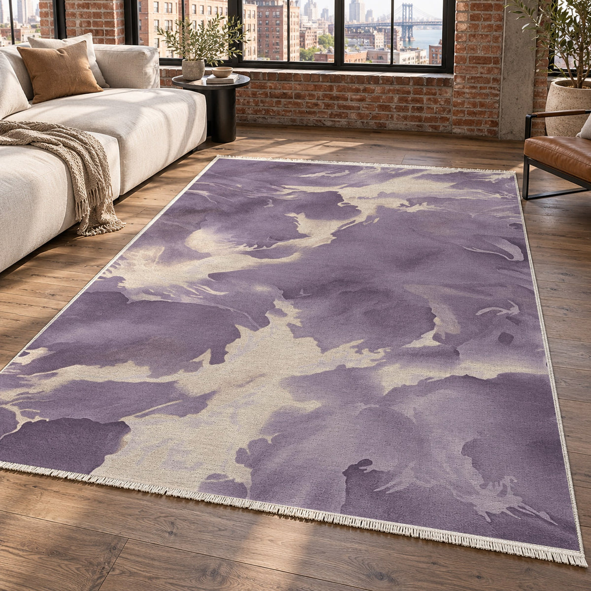 Flowing Mineral Plum Champagne Abstract Washable Rug — new york living
