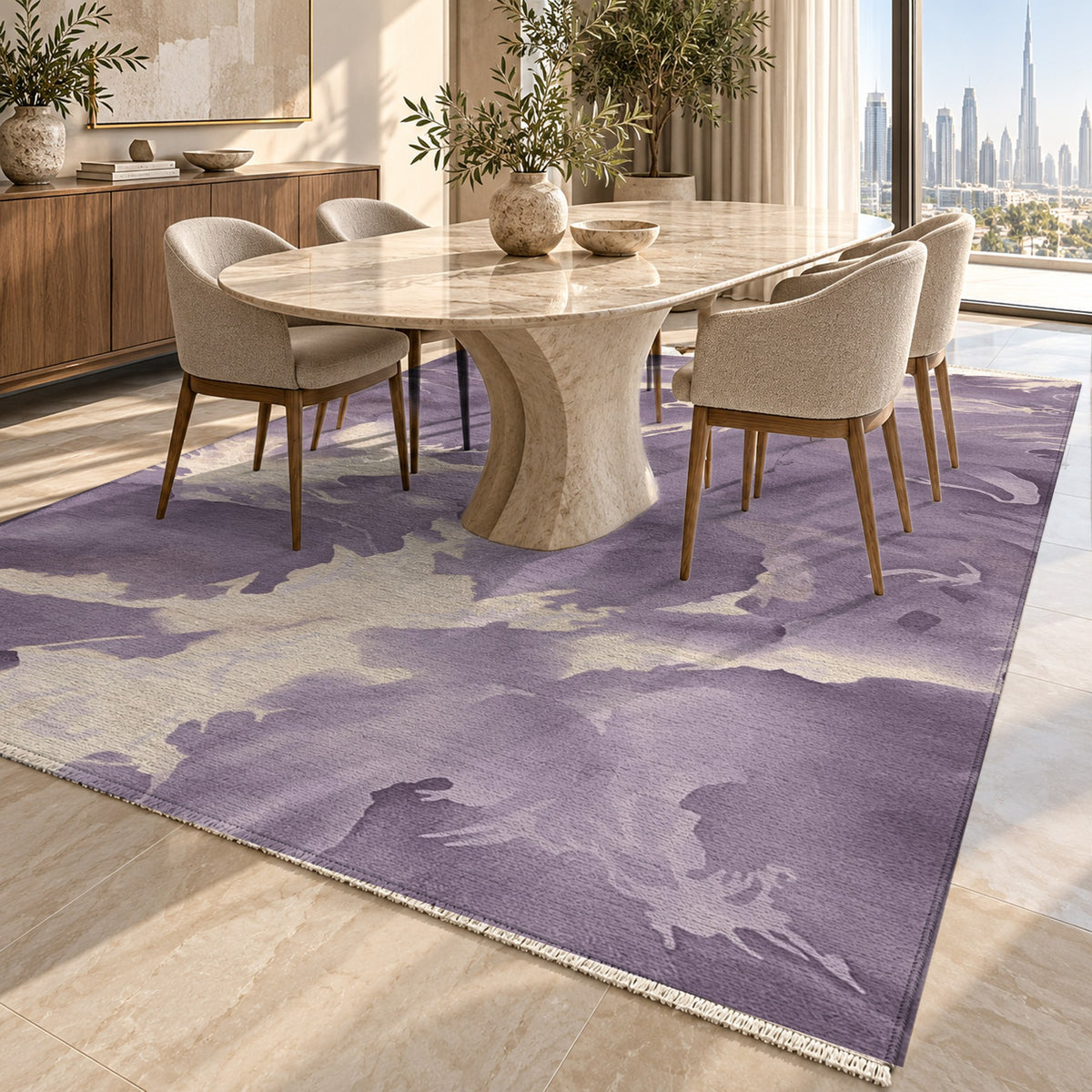 Flowing Mineral Plum Champagne Abstract Washable Rug — dubai dining
