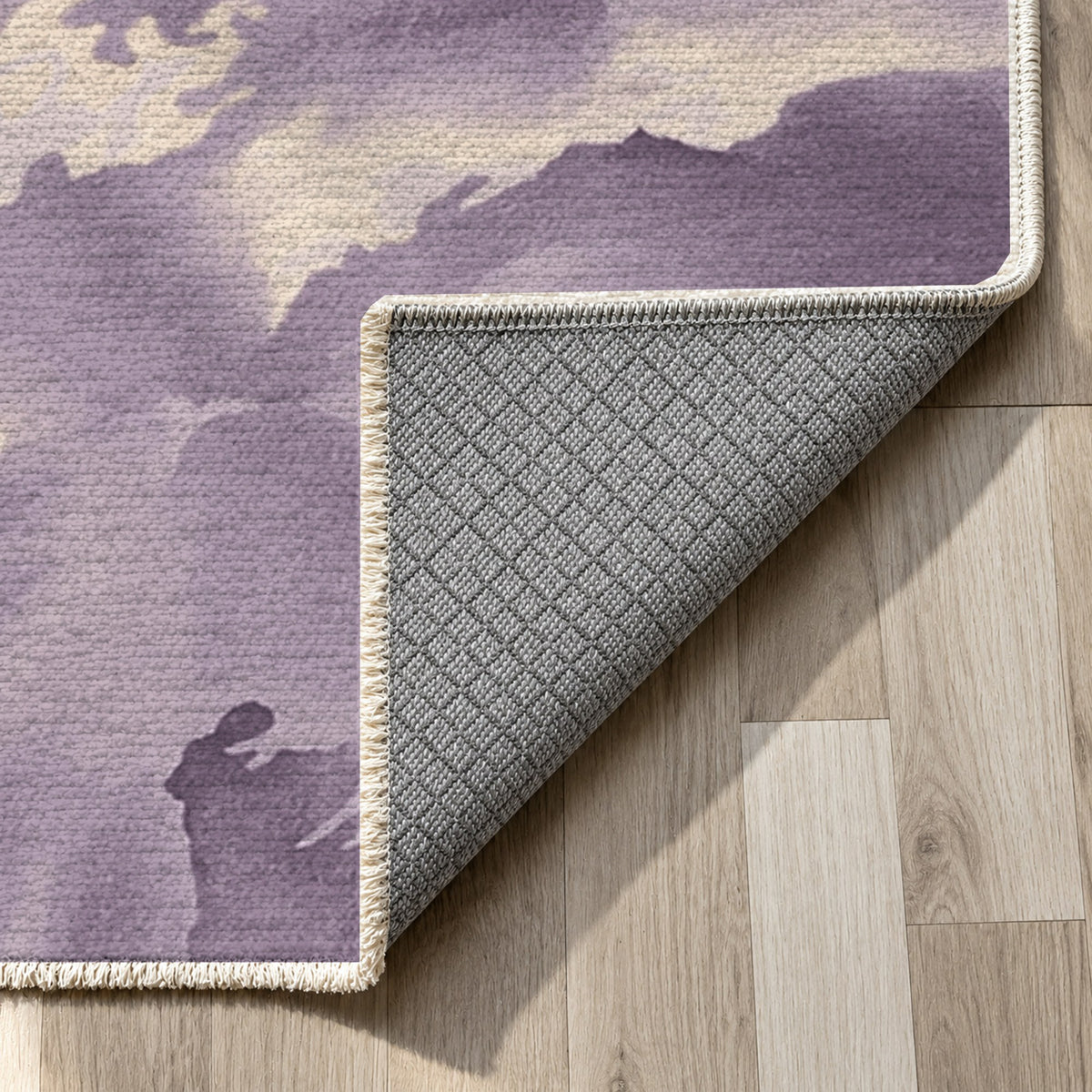 Flowing Mineral Plum Champagne Abstract Washable Rug — backing close up