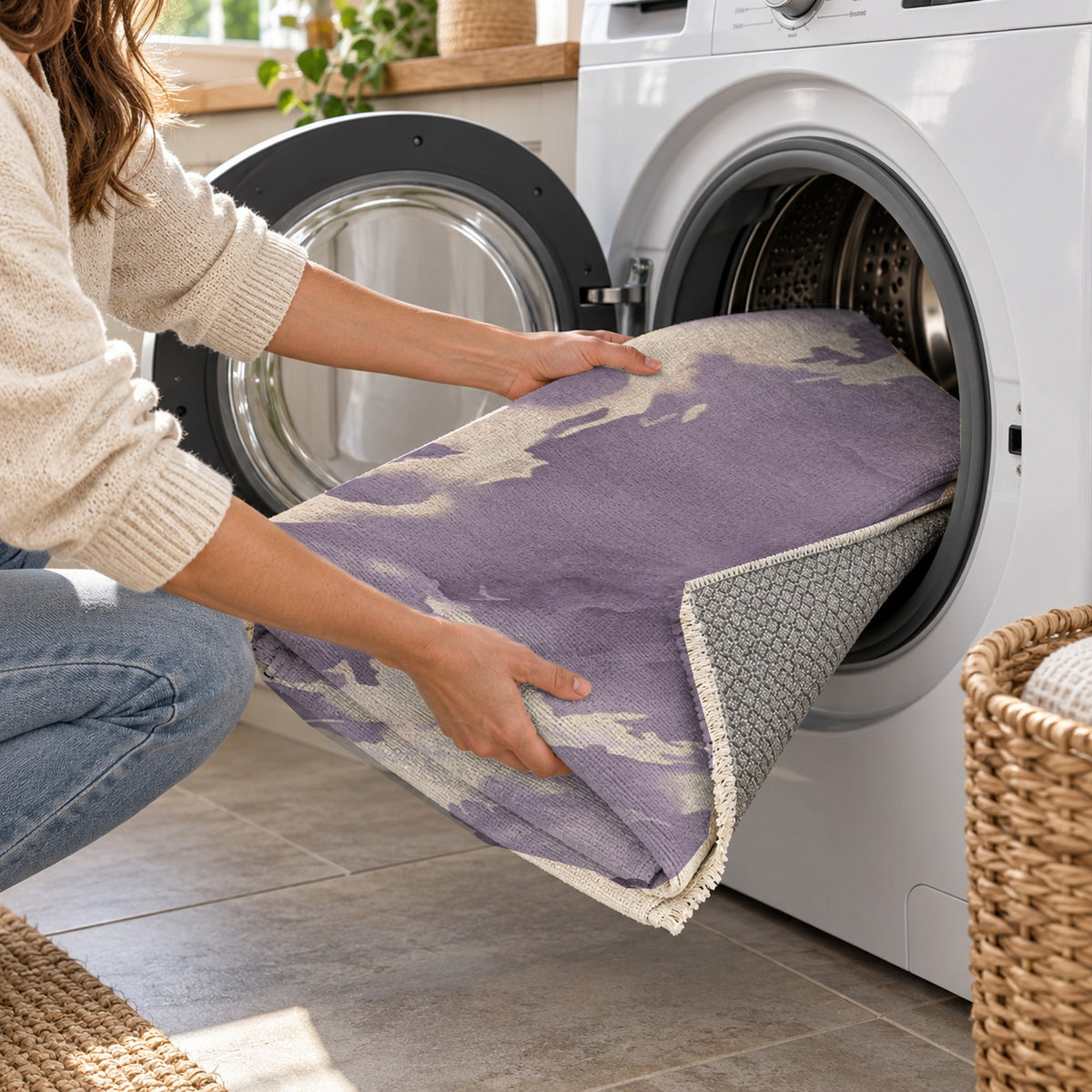 Flowing Mineral Plum Champagne Abstract Washable Rug — washing machine