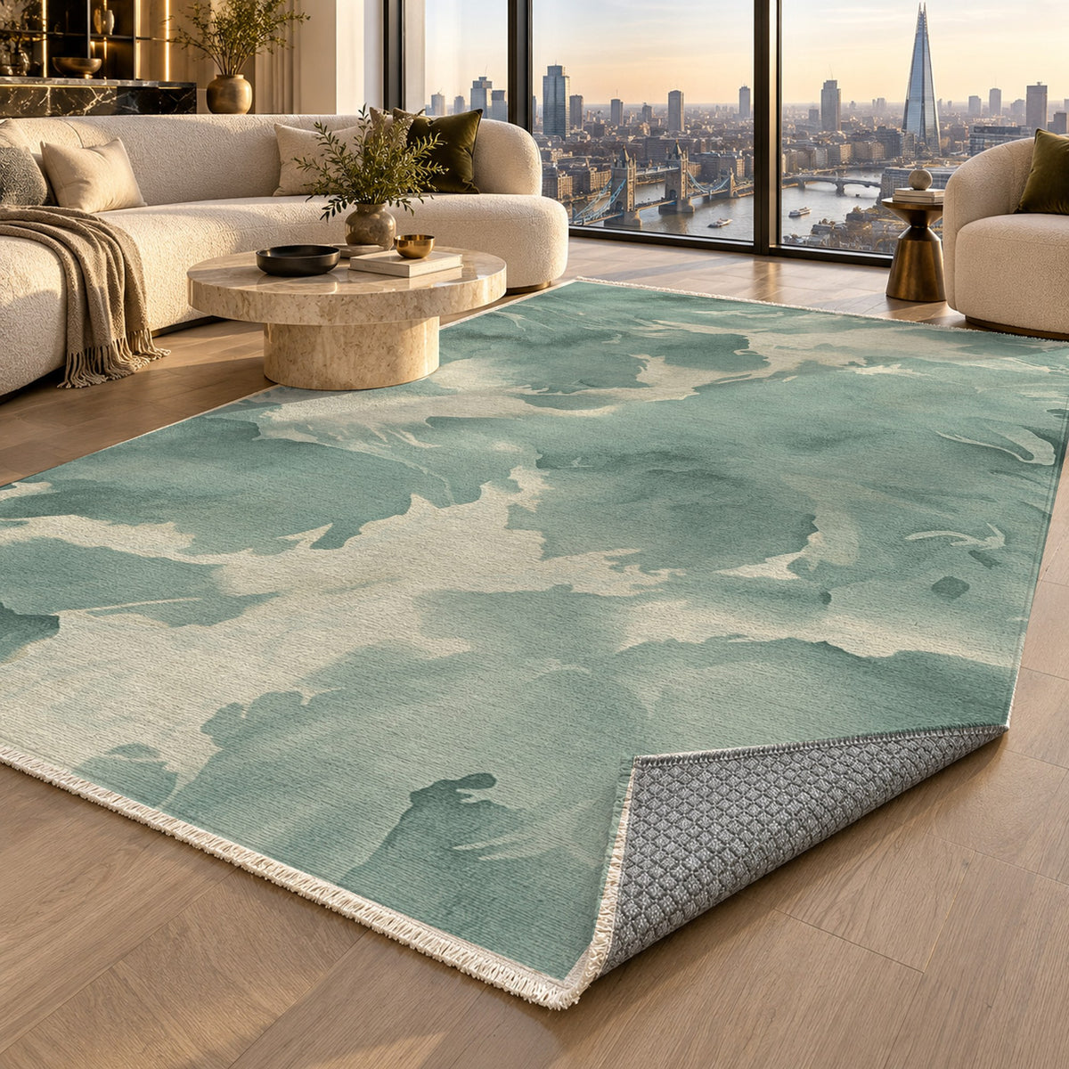 Flowing Mineral Sage Ivory Abstract Washable Rug — london luxury living