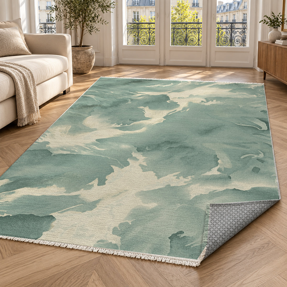 Flowing Mineral Sage Ivory Abstract Washable Rug — paris living