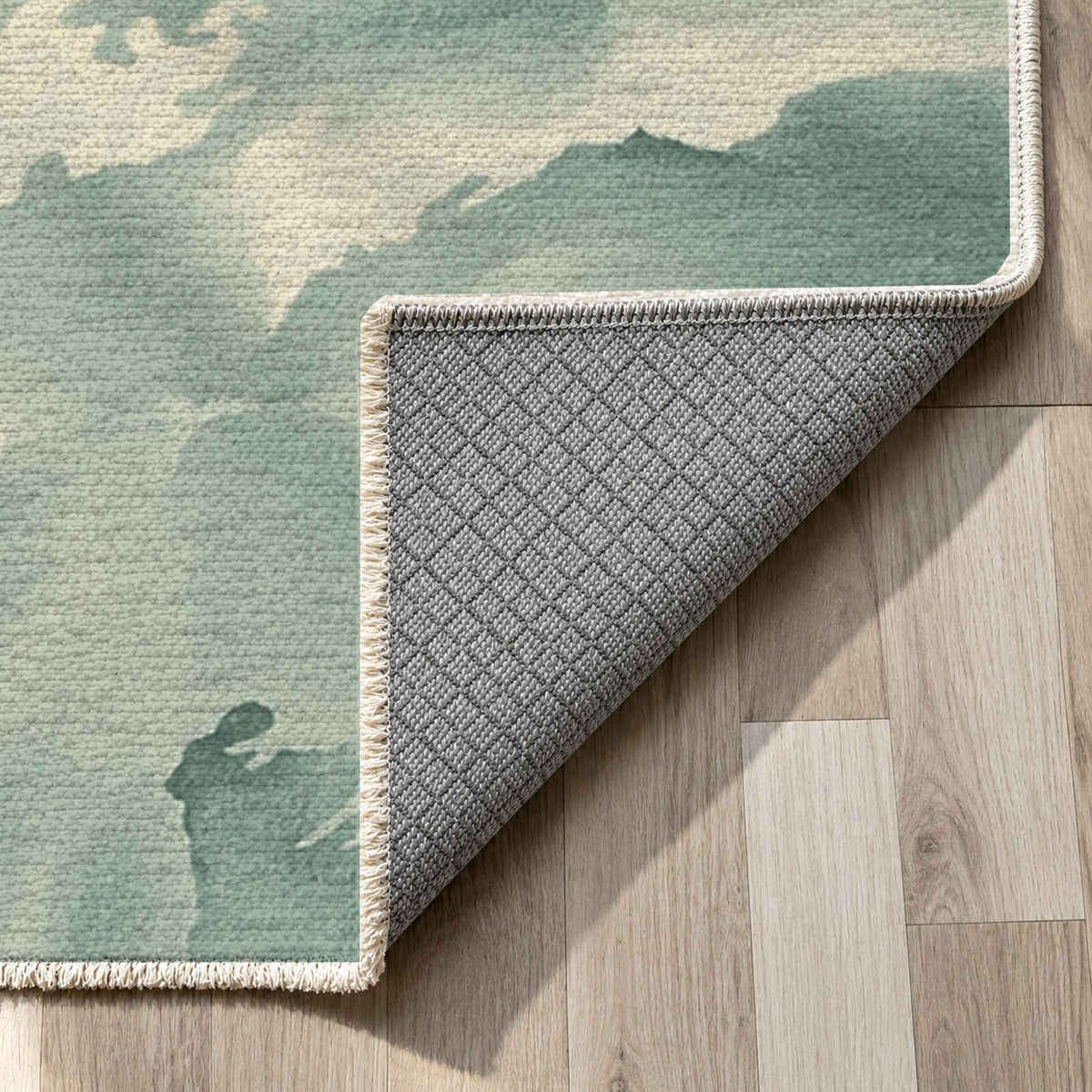 Flowing Mineral Sage Ivory Abstract Washable Rug — backing close up