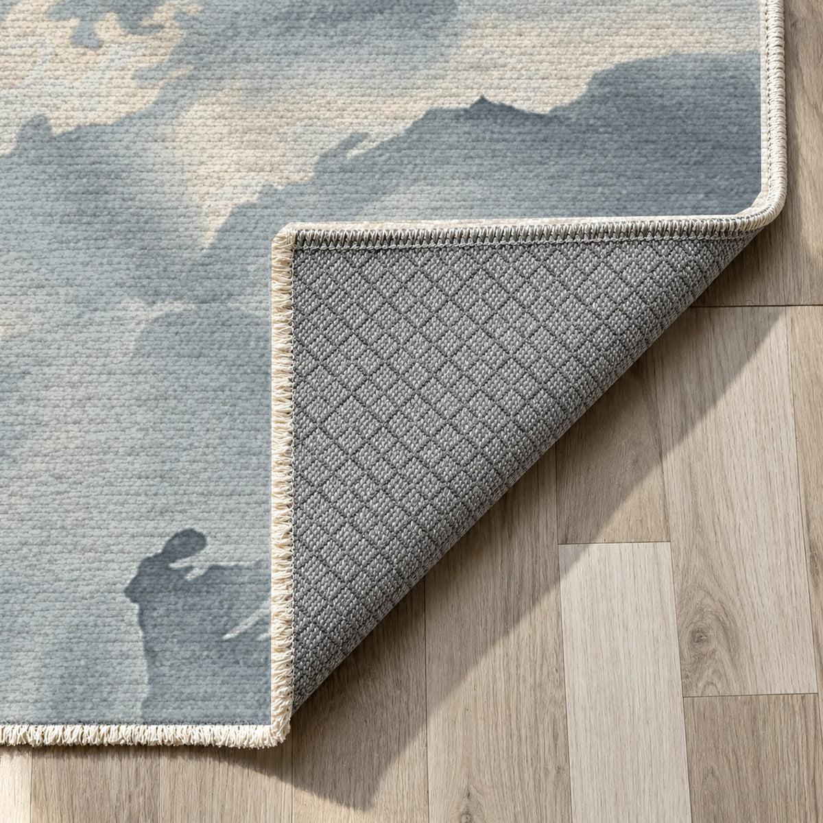 Flowing Mineral Slate Silver Abstract Washable Rug — backing close up