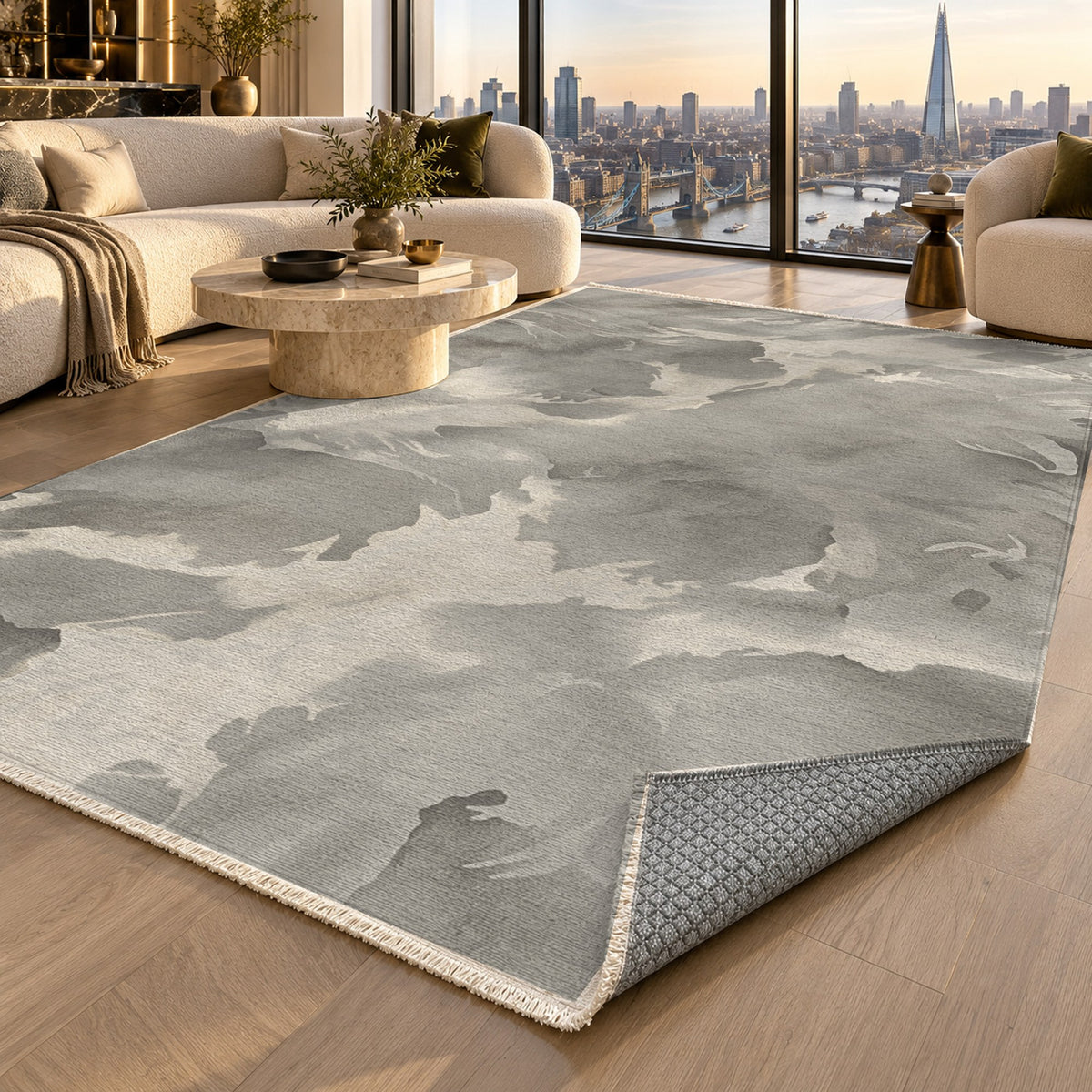Flowing Mineral Taupe Cream Abstract Washable Rug — london luxury living