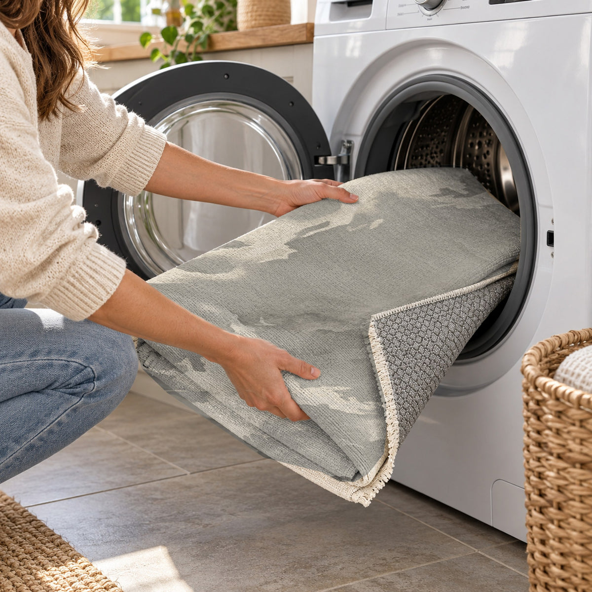 Flowing Mineral Taupe Cream Abstract Washable Rug — washing machine