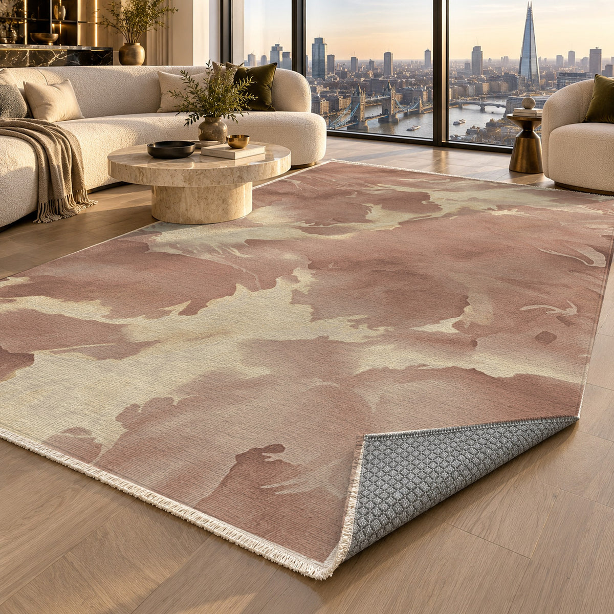 Flowing Mineral Terracotta Sand Abstract Washable Rug — london luxury living