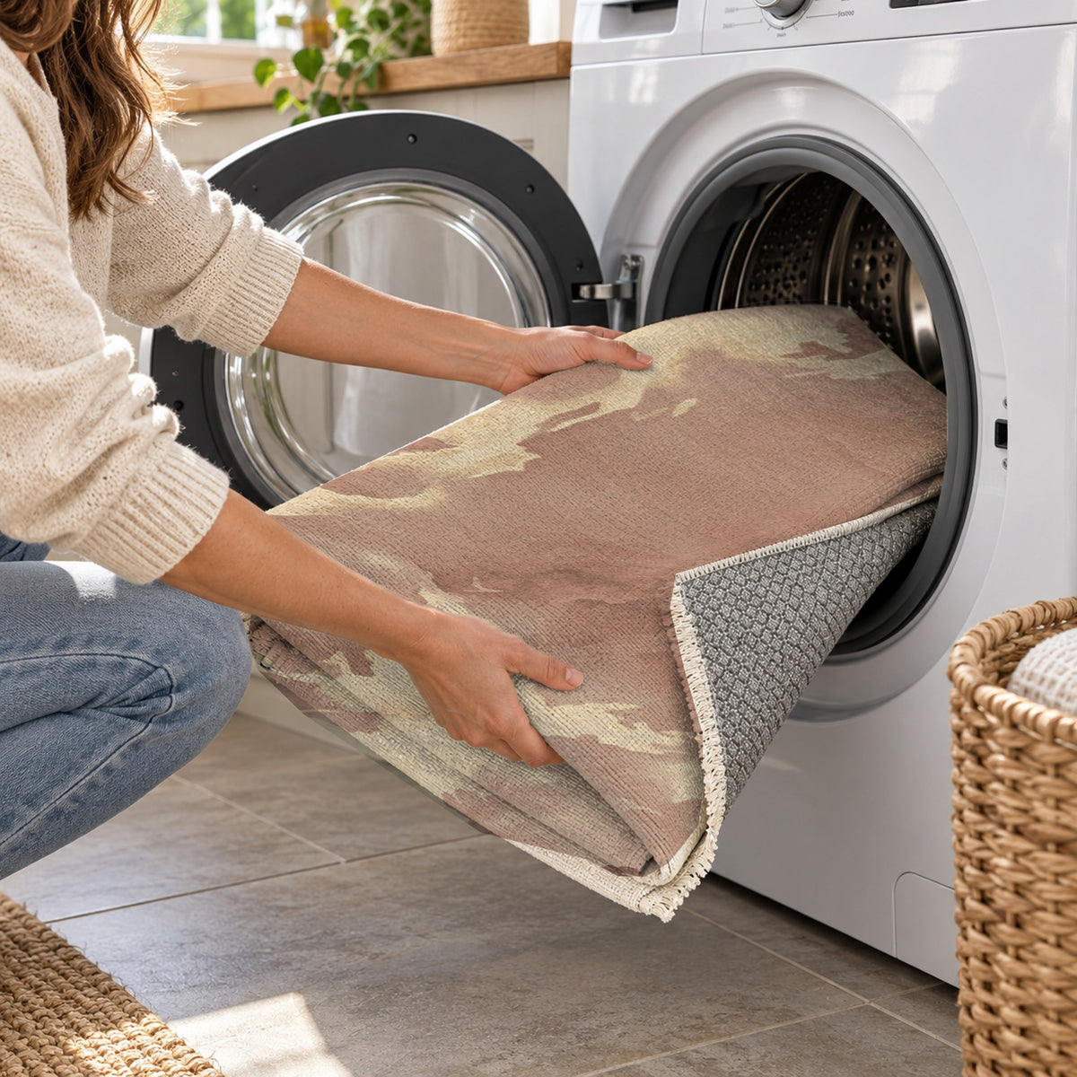 Flowing Mineral Terracotta Sand Abstract Washable Rug — washing machine