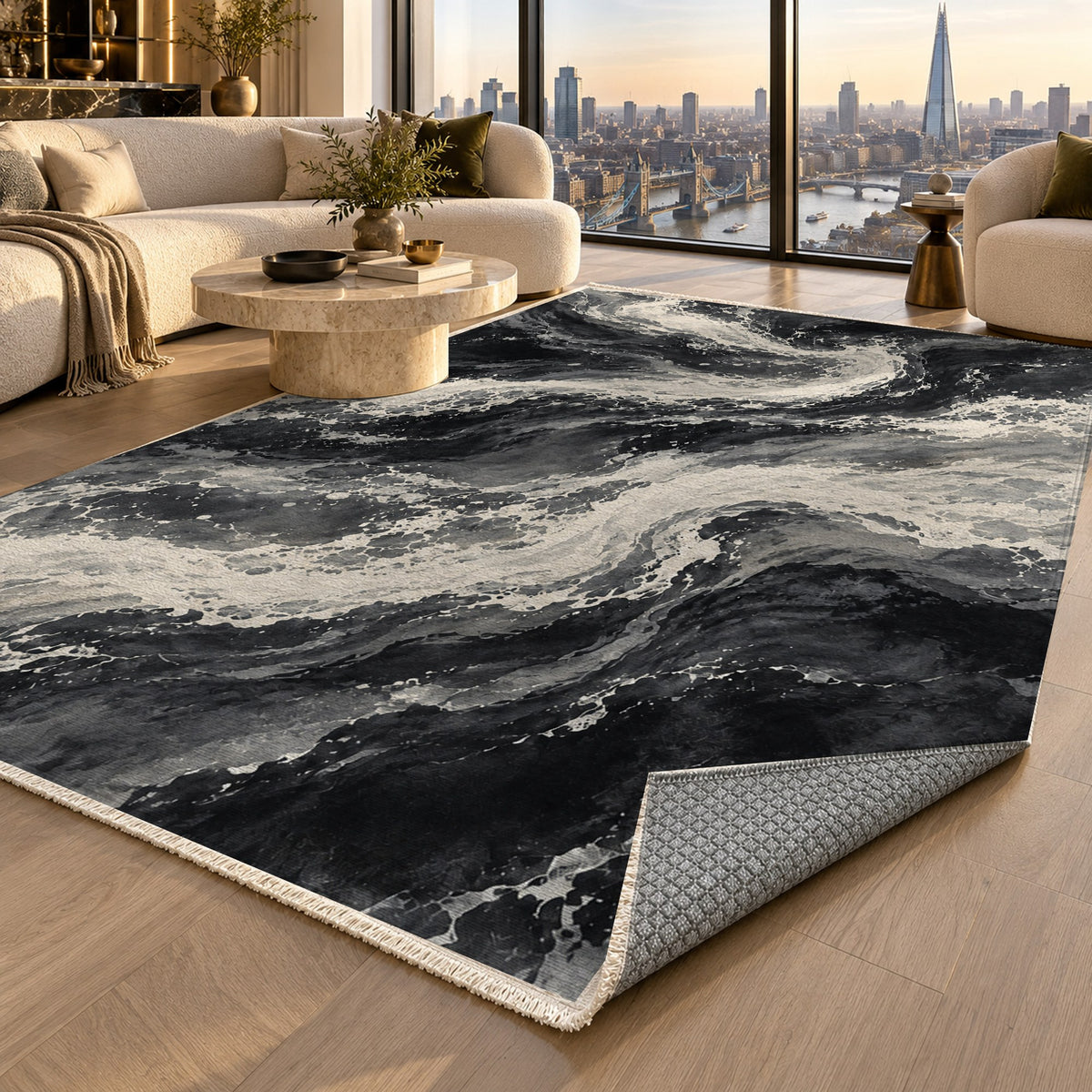 Foam Trails Charcoal Abstract Washable Rug — london luxury living