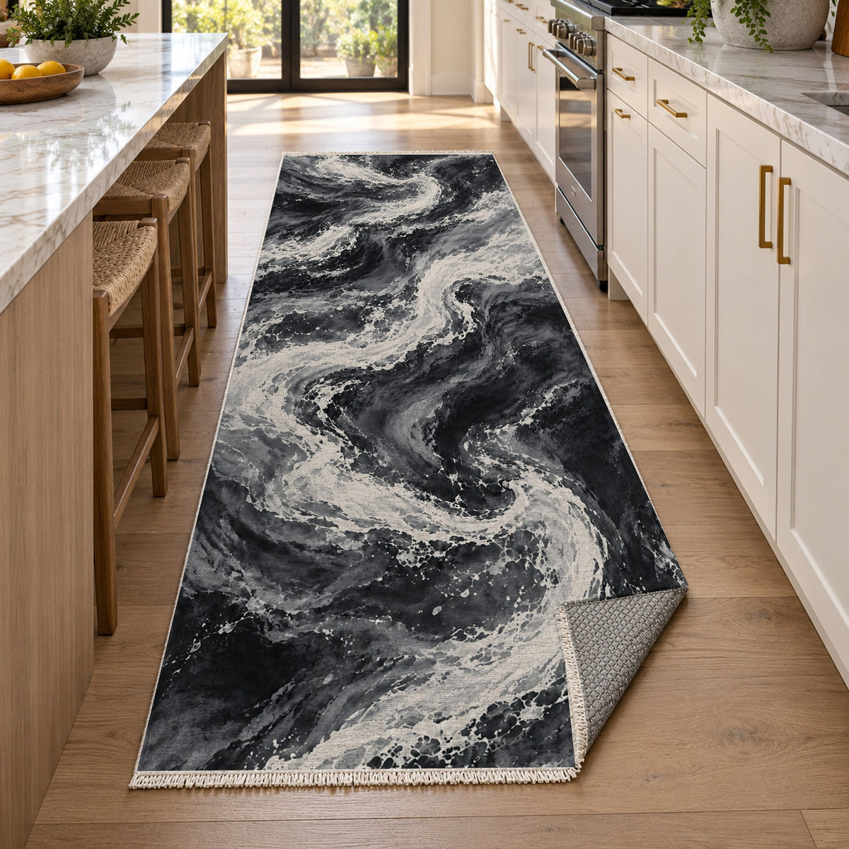 Foam Trails Charcoal Abstract Washable Rug — new york kitchen runner