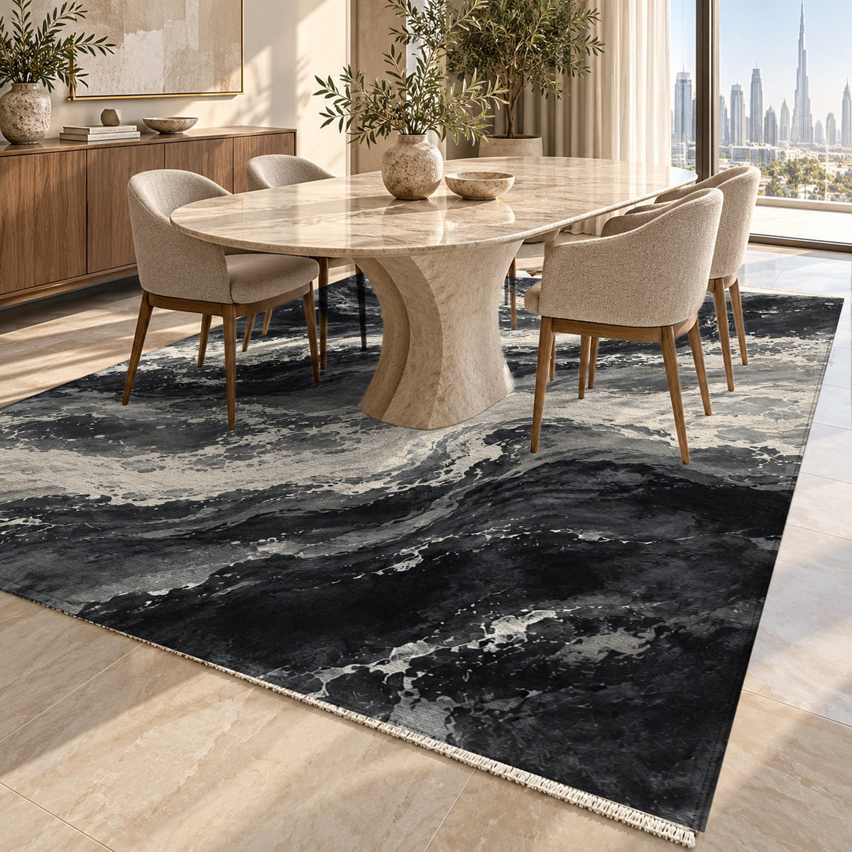 Foam Trails Charcoal Abstract Washable Rug — dubai dining