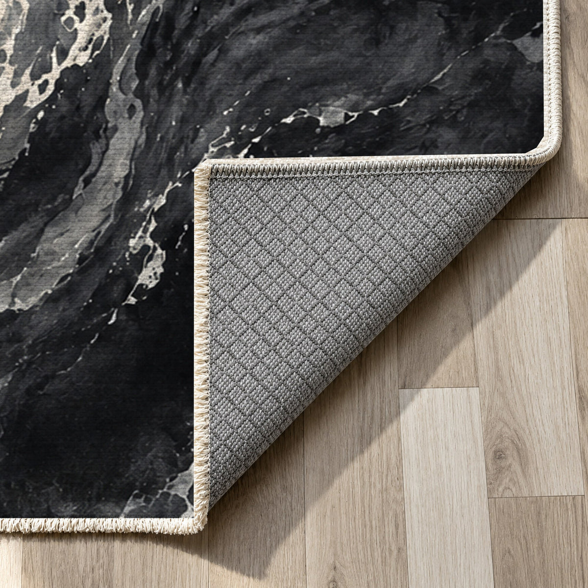 Foam Trails Charcoal Abstract Washable Rug — backing close up