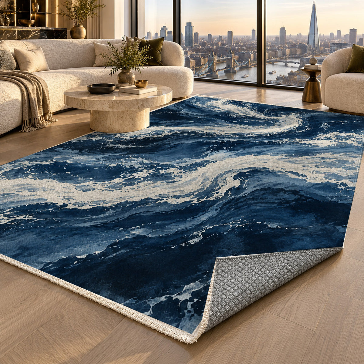 Foam Trails Indigo Abstract Washable Rug — london luxury living