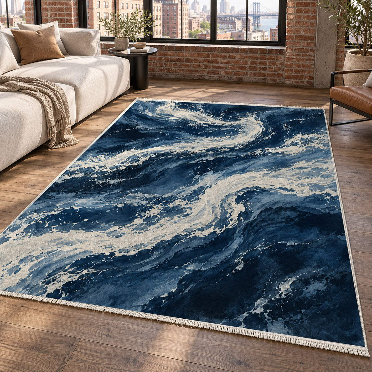 Foam Trails Indigo Abstract Washable Rug — new york living