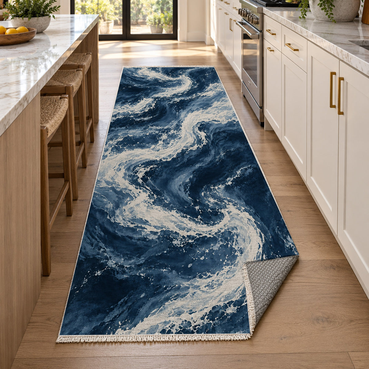 Foam Trails Indigo Abstract Washable Rug — new york kitchen runner
