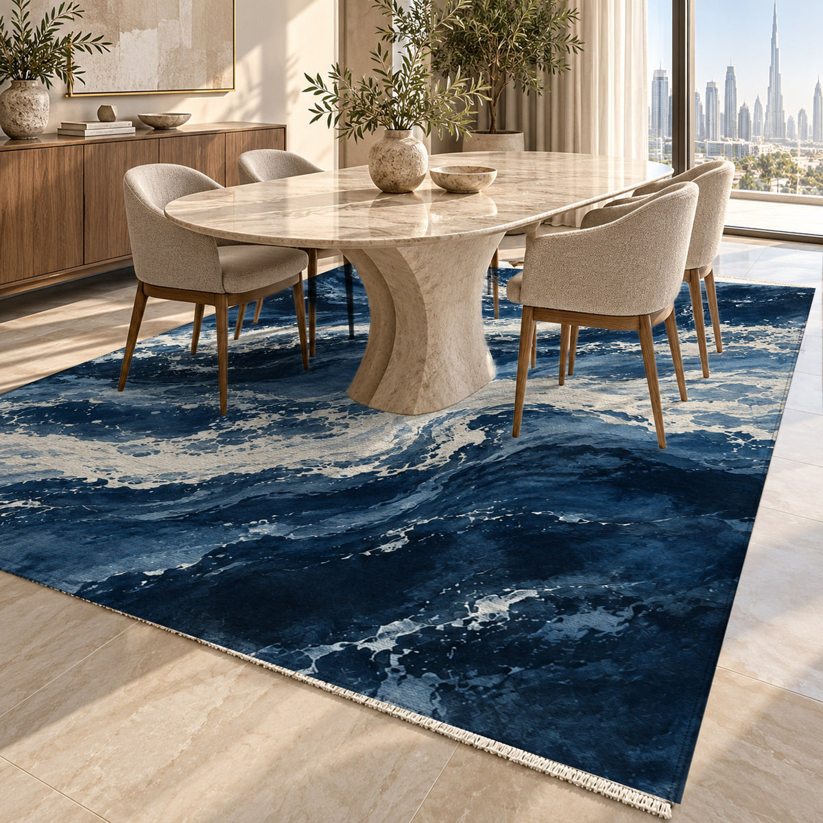 Foam Trails Indigo Abstract Washable Rug — dubai dining
