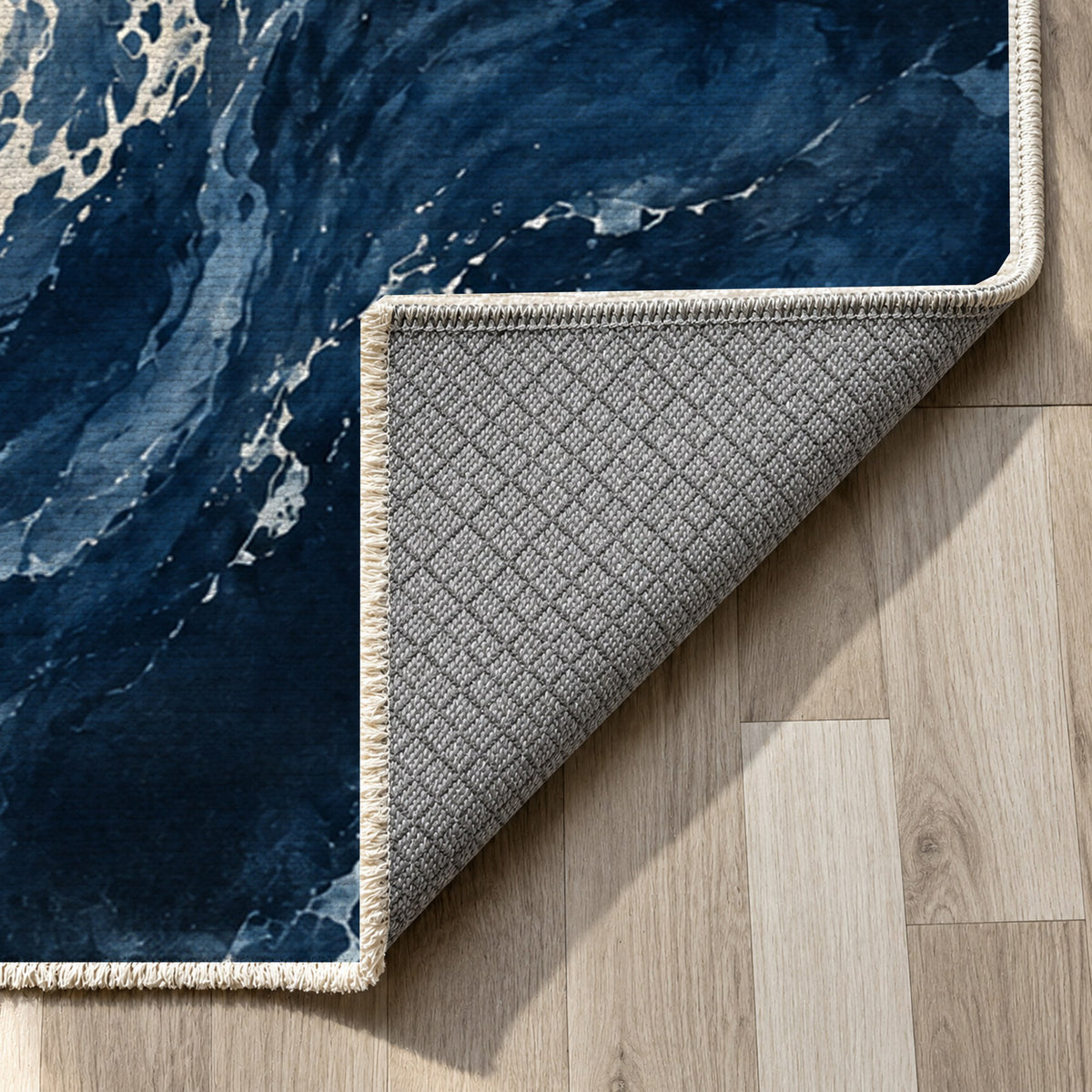 Foam Trails Indigo Abstract Washable Rug — backing close up