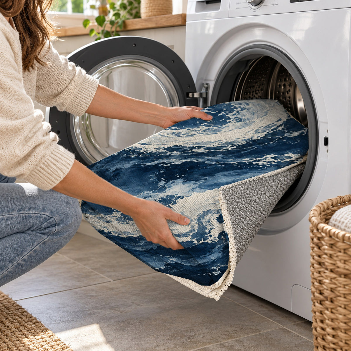 Foam Trails Indigo Abstract Washable Rug — washing machine