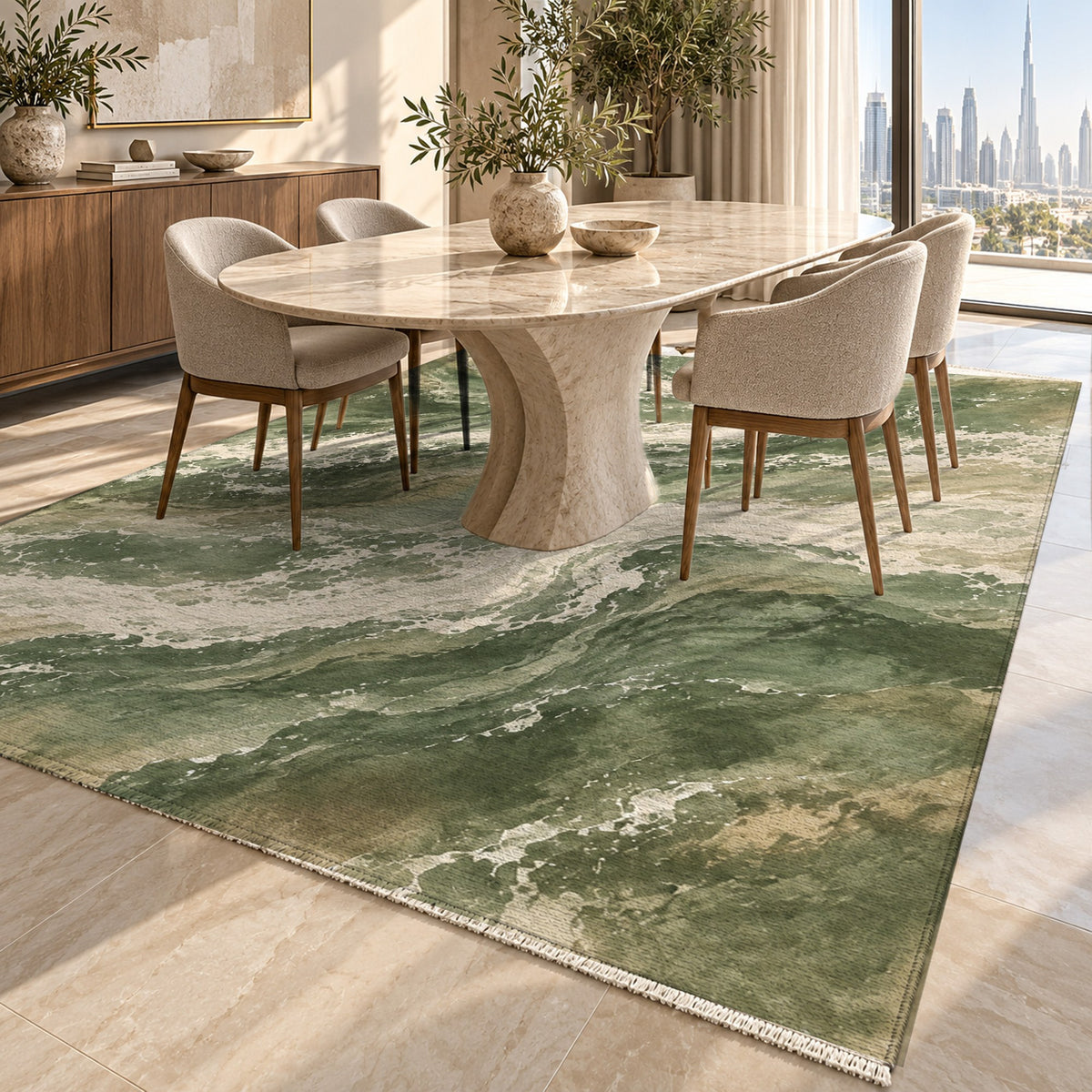 Foam Trails Sage Abstract Washable Rug — dubai dining