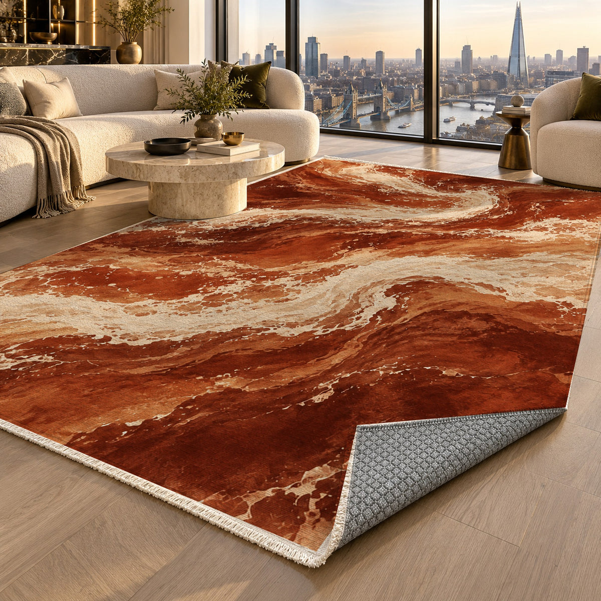 Foam Trails Terracotta Abstract Washable Rug — london luxury living